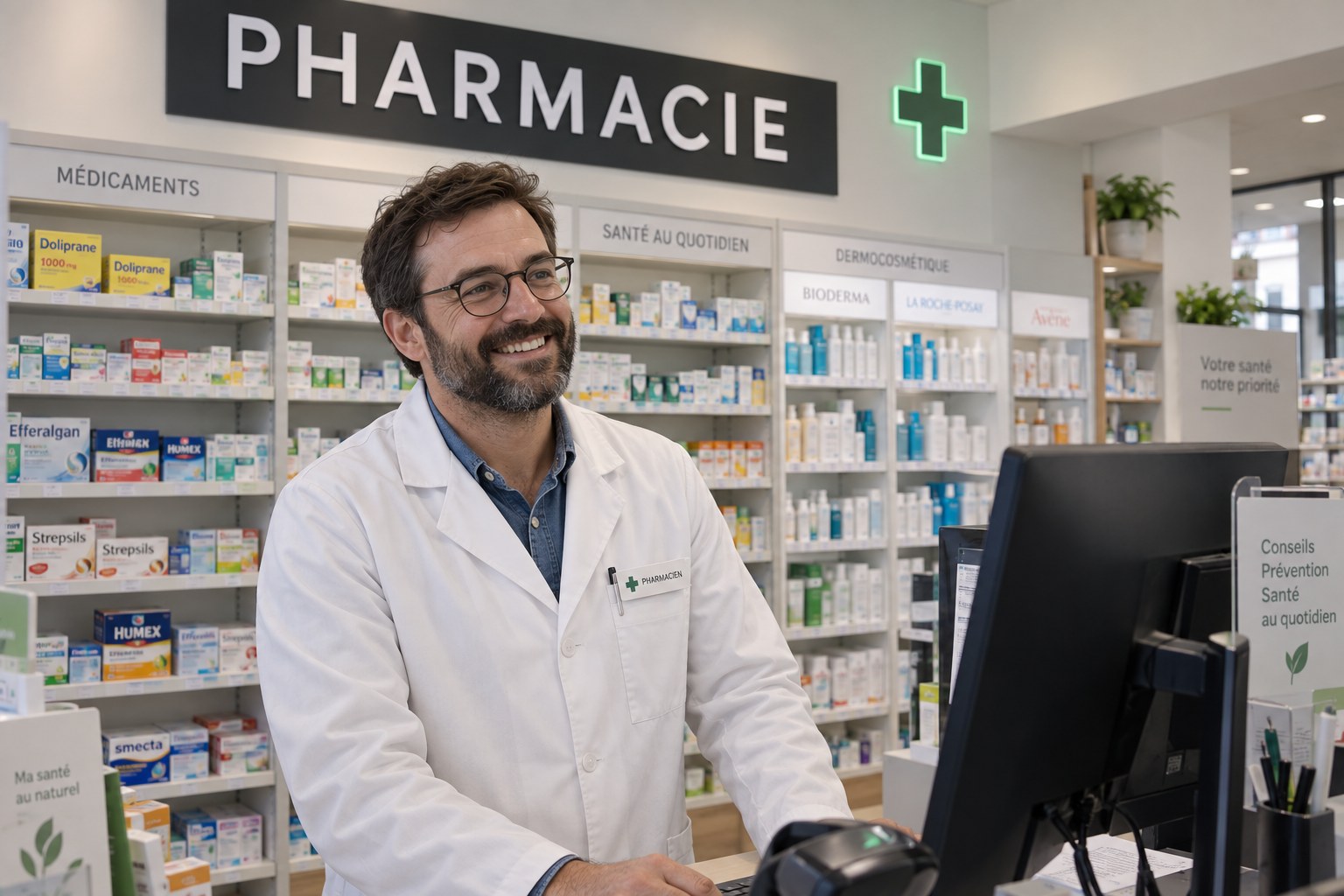 Un pharmacien souriant derrière le comptoir de son officine, devant les rayons