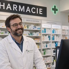 Un pharmacien au comptoir de son officine