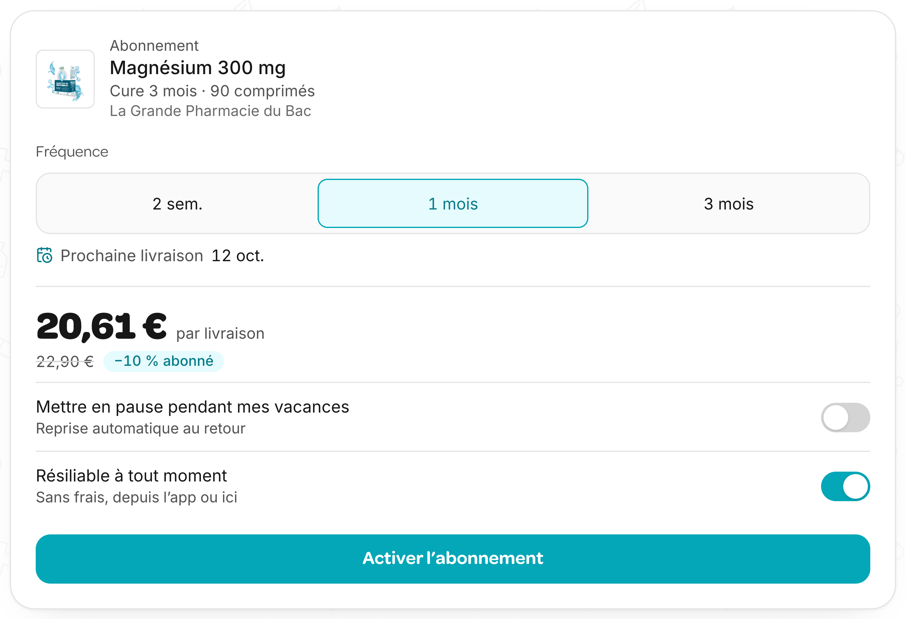 Abonnement renouvelable : fréquence, prochaine livraison, prix abonné, pause vacances, résiliable.