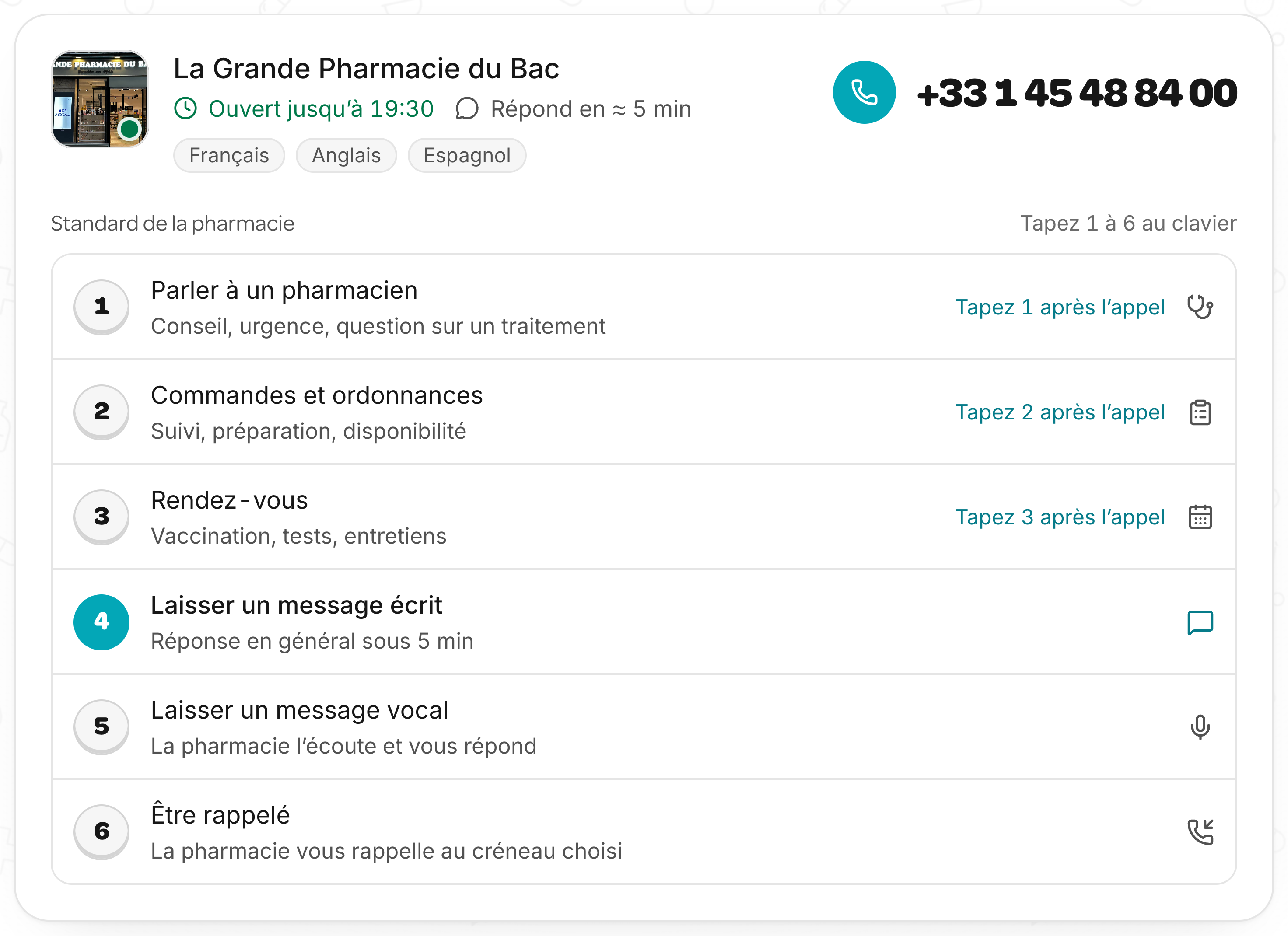 Standard de la pharmacie à six touches, numéro de téléphone et langues.