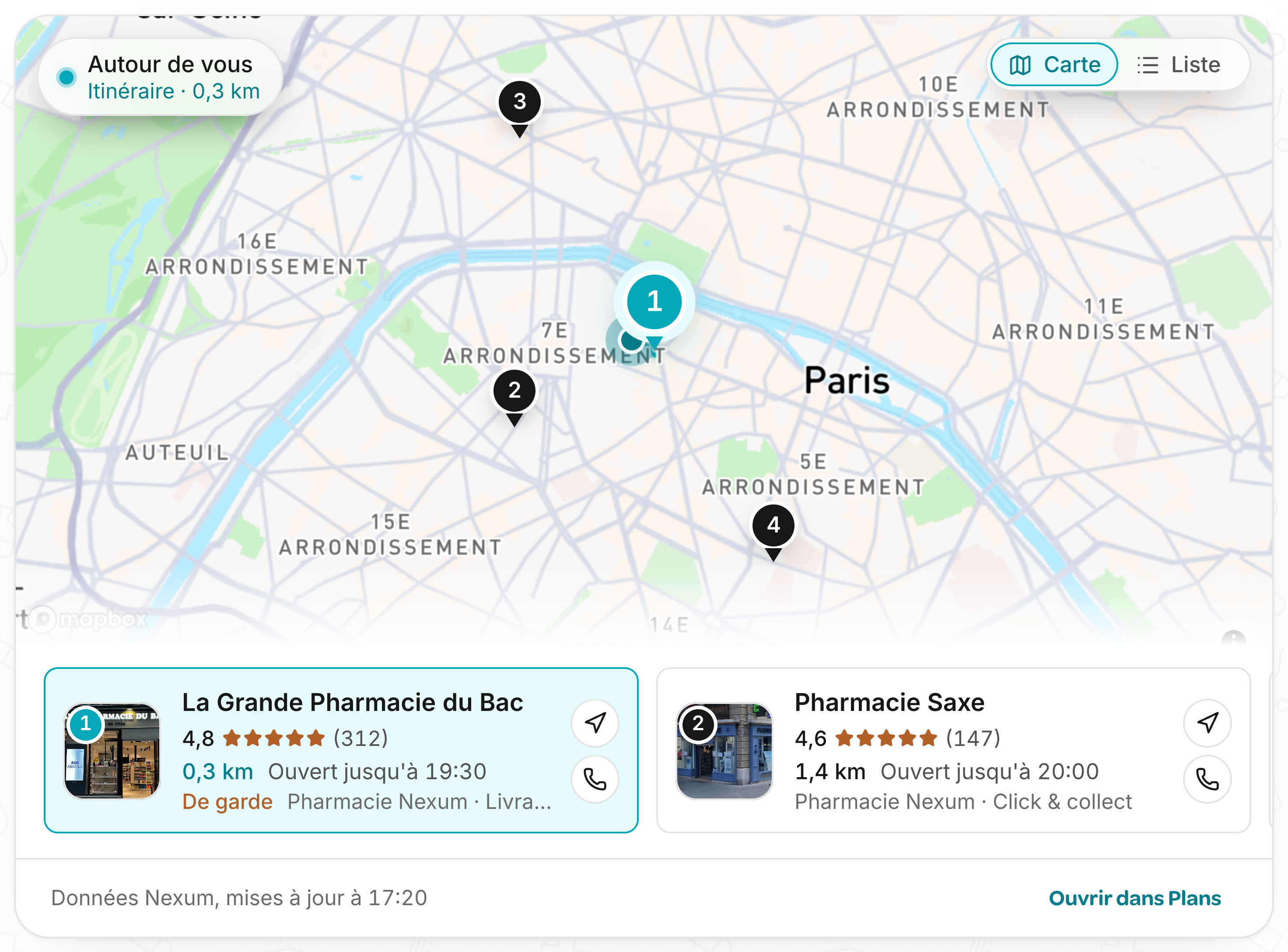 Carte des pharmacies autour du patient, épingles numérotées, itinéraire de 0,3 km, fiches des officines de garde.