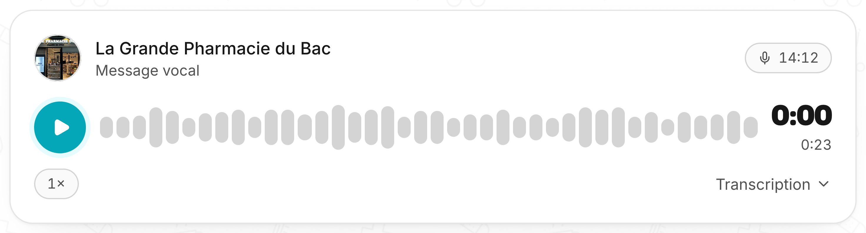 Message vocal de 23 secondes envoyé à l’officine, avec sa transcription.