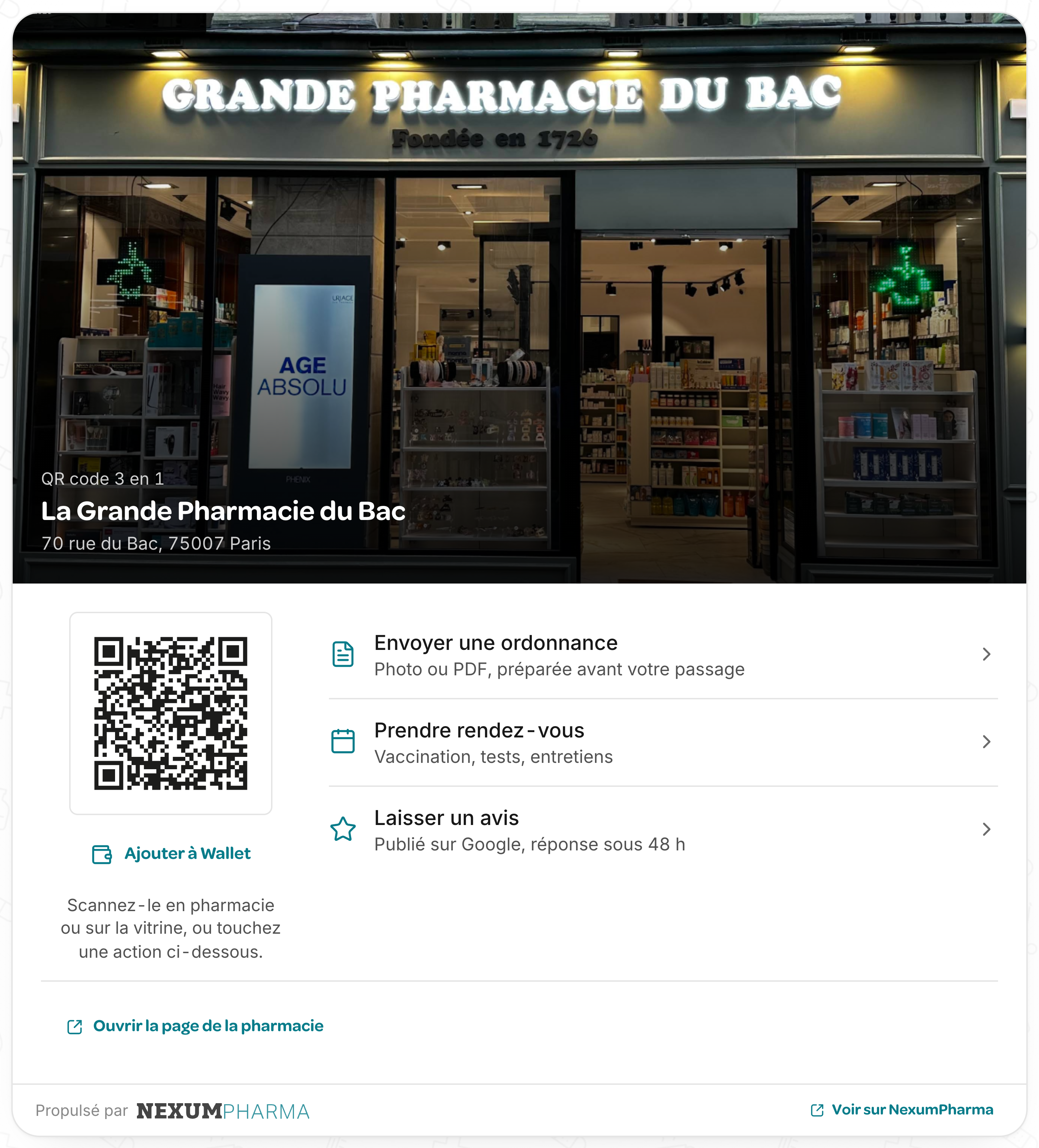 Vitrine de l’officine et QR code 3-en-1 : envoyer une ordonnance, prendre rendez-vous, laisser un avis.