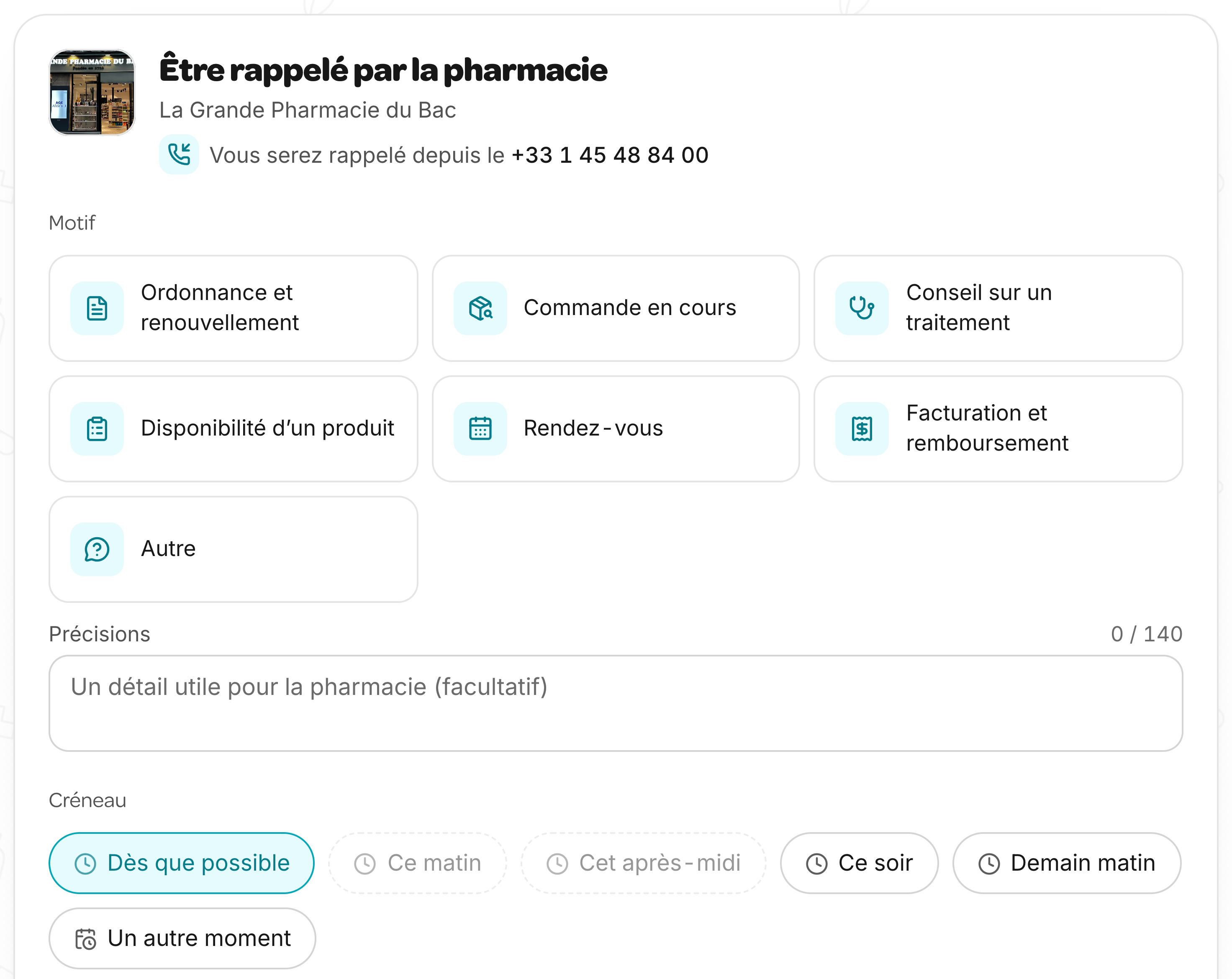 Formulaire « Être rappelé par la pharmacie » : numéro de rappel, motif, précisions, créneau souhaité.