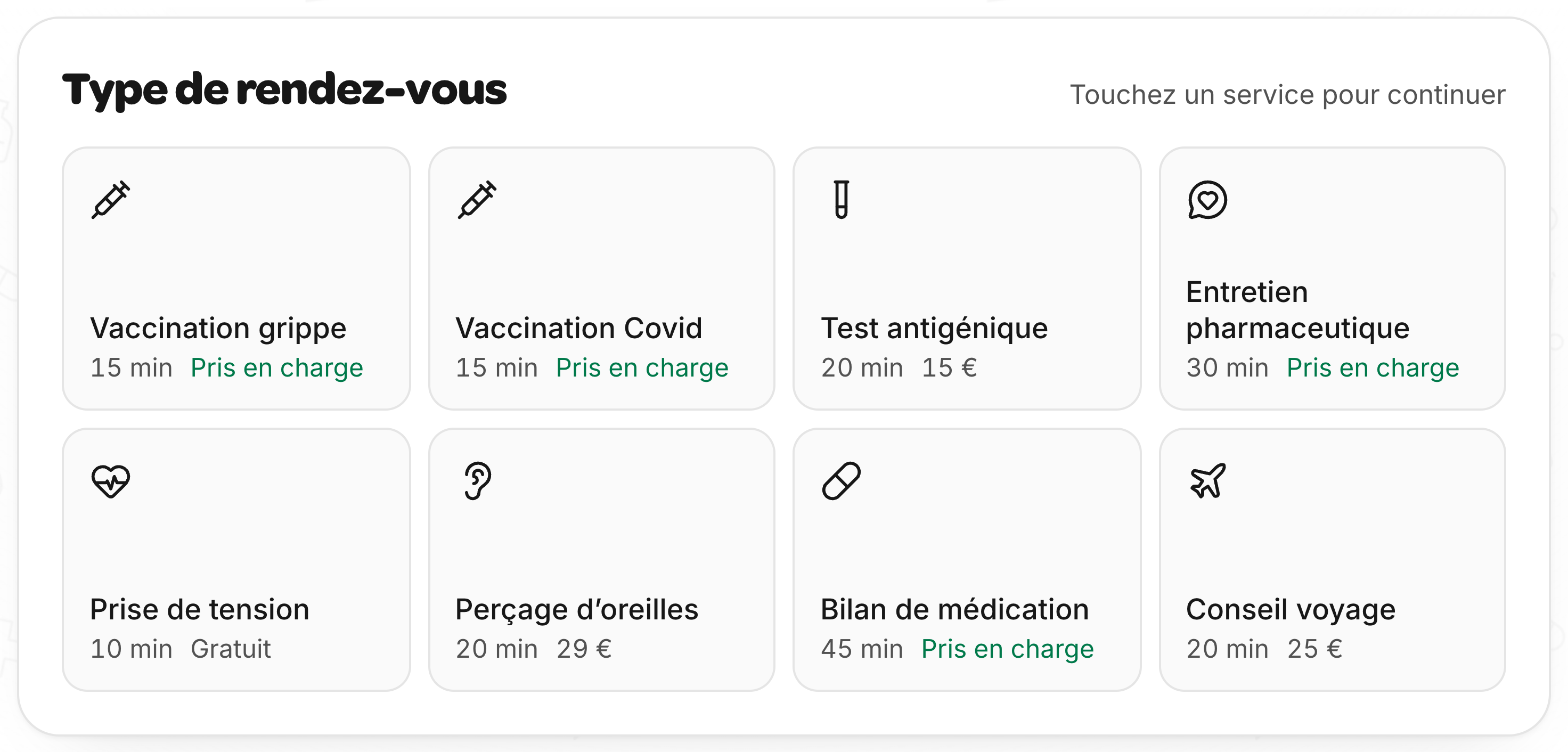 Choix du type de rendez-vous : vaccination grippe, Covid, test antigénique, entretien pharmaceutique, tension, perçage, bilan, conseil voyage.