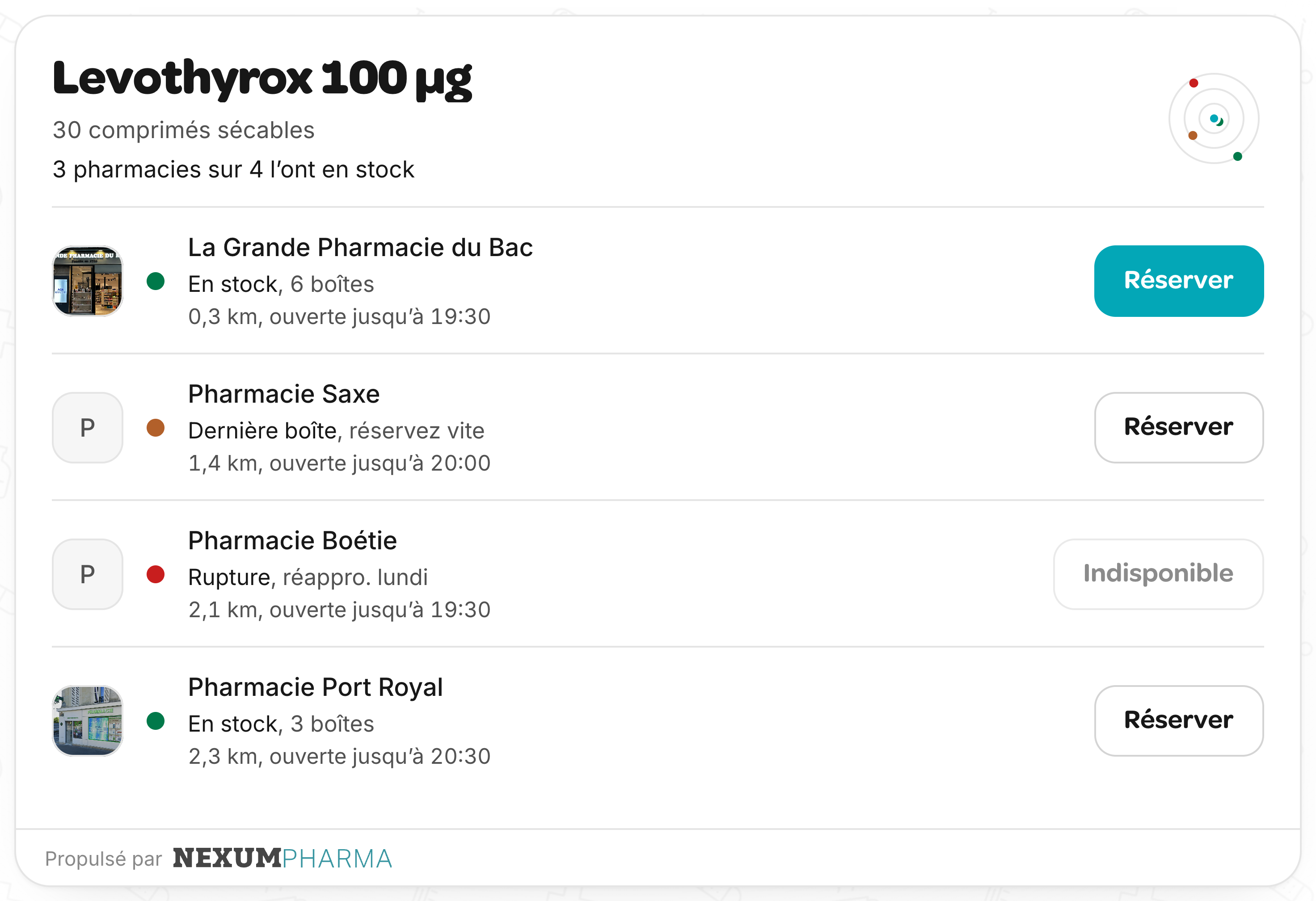 Disponibilité du Levothyrox 100 µg dans quatre officines, stock de chacune et bouton Réserver.