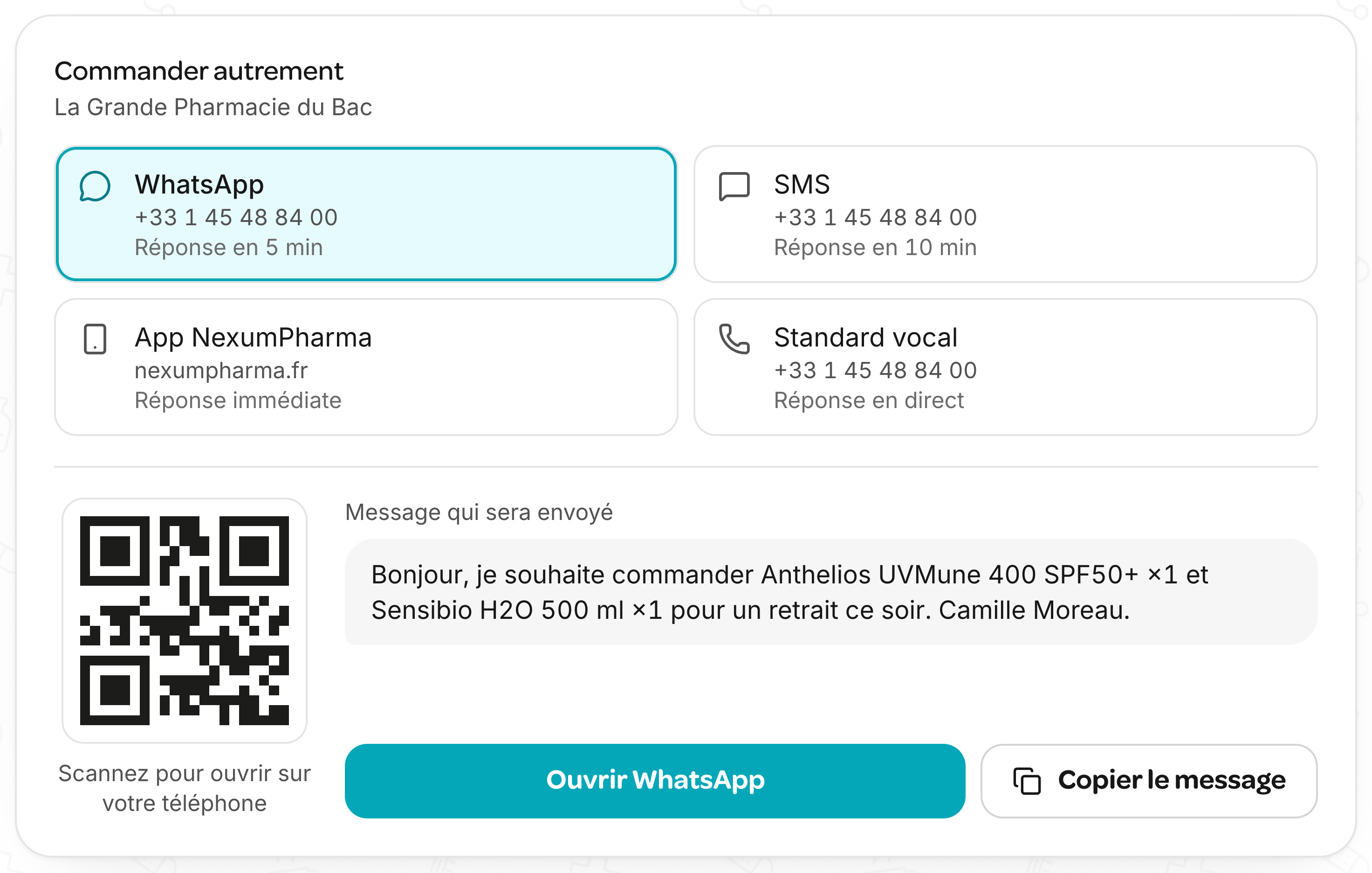 Choix du canal pour continuer : WhatsApp, SMS, application ou standard vocal, avec le message prêt à envoyer.