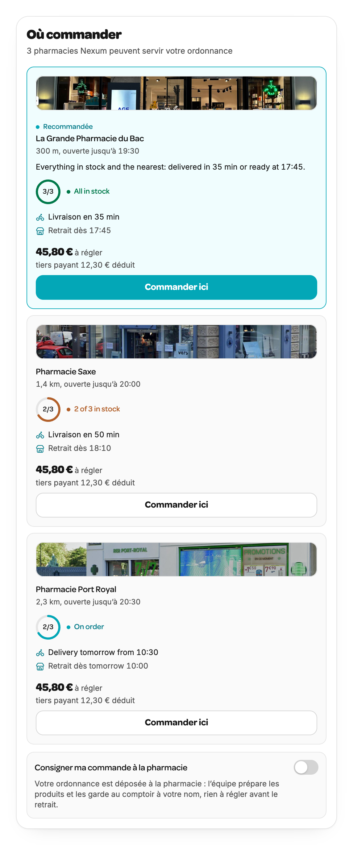 Analyse d’une ordonnance : les officines où commander, avec le nombre de produits disponibles, le délai et le prix.