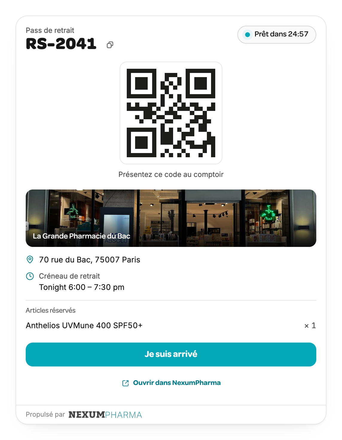 Pass de retrait : QR code à présenter au comptoir, compte à rebours de préparation, photo de l’officine.