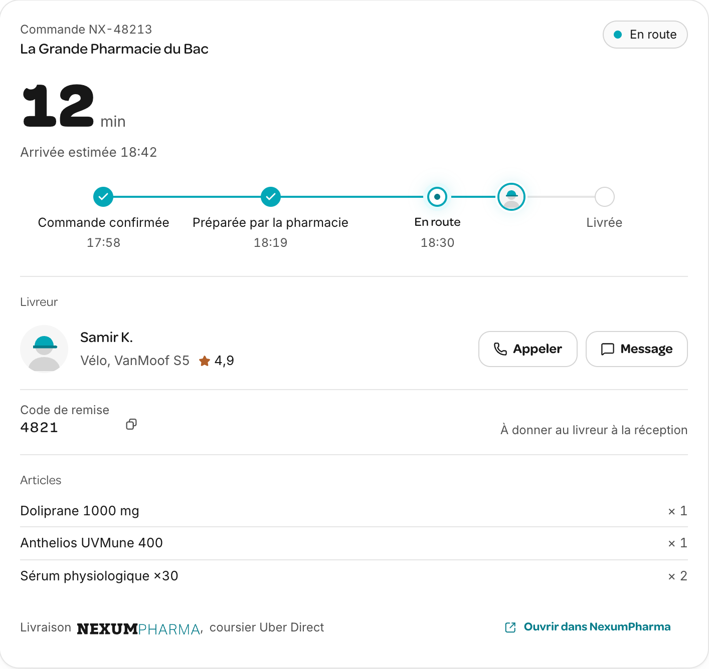 Carte de l’assistant : une commande suivie à La Grande Pharmacie du Bac, confirmée puis préparée par la pharmacie et en route avec un coursier, avec le code de remise et la liste des articles.