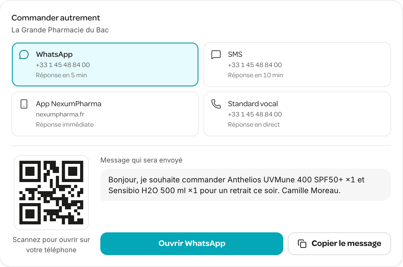 Carte « Commander autrement » : WhatsApp, SMS, application et standard vocal