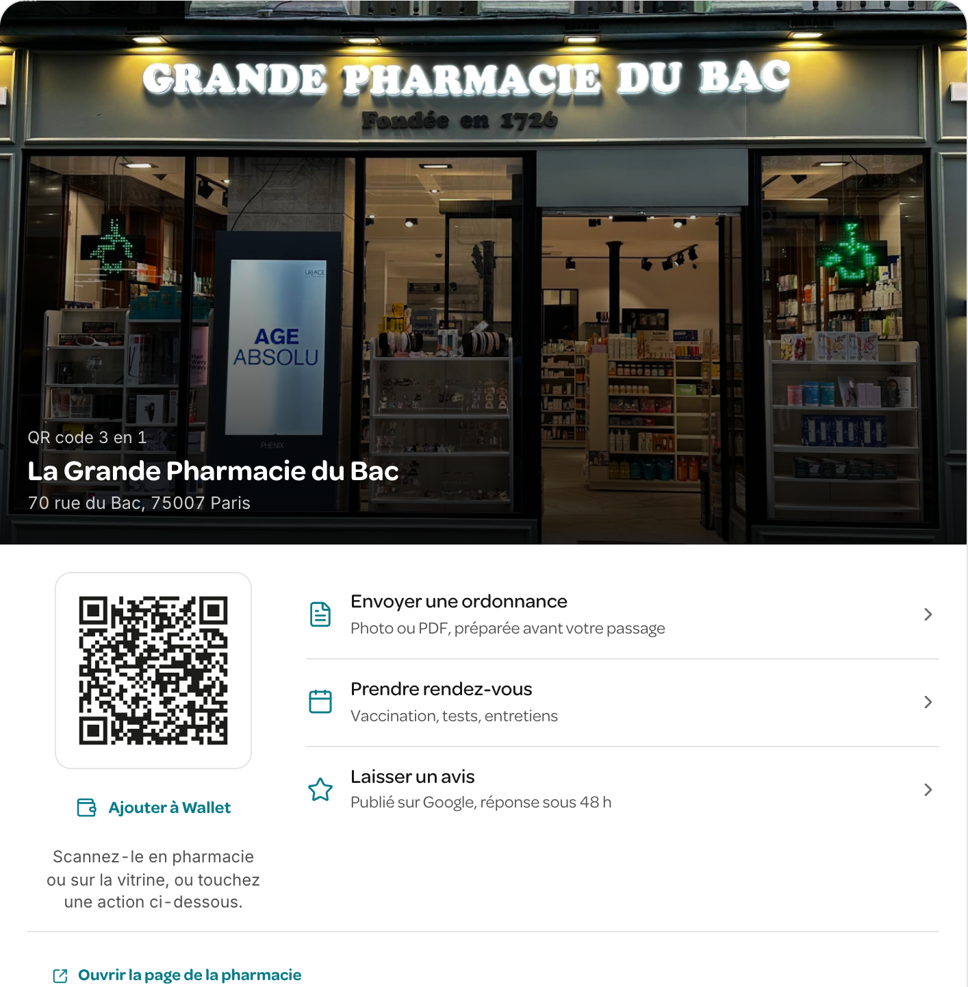 Carte QR 3-en-1 d’une officine : devanture, QR code et trois actions