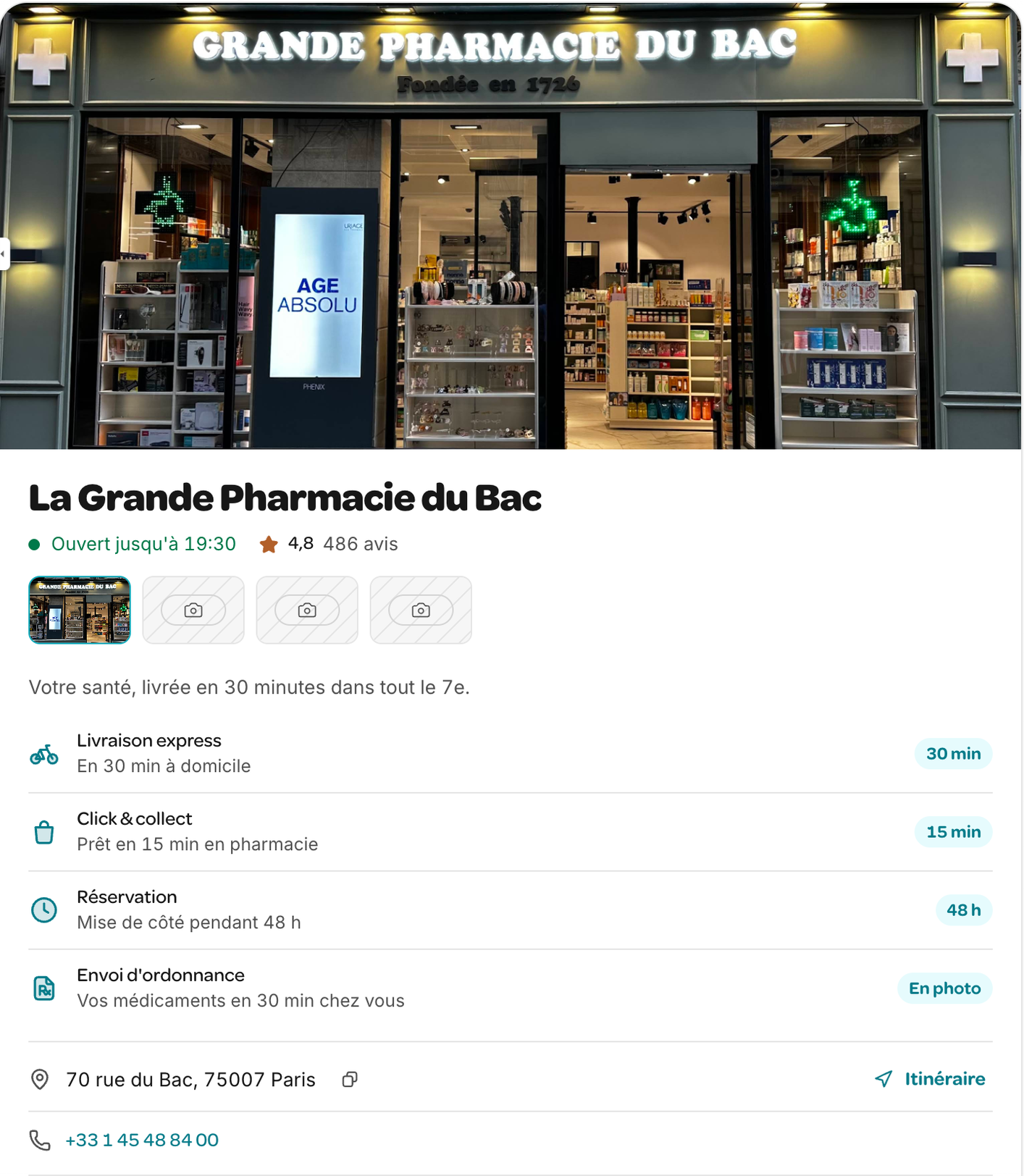 Fiche d’une officine ouverte dans le chat embarqué : photo, horaires, services et adresse