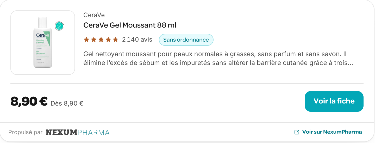 Carte de fiche produit affichée par l’assistant : nom, avis, prix et bouton « Voir la fiche »
