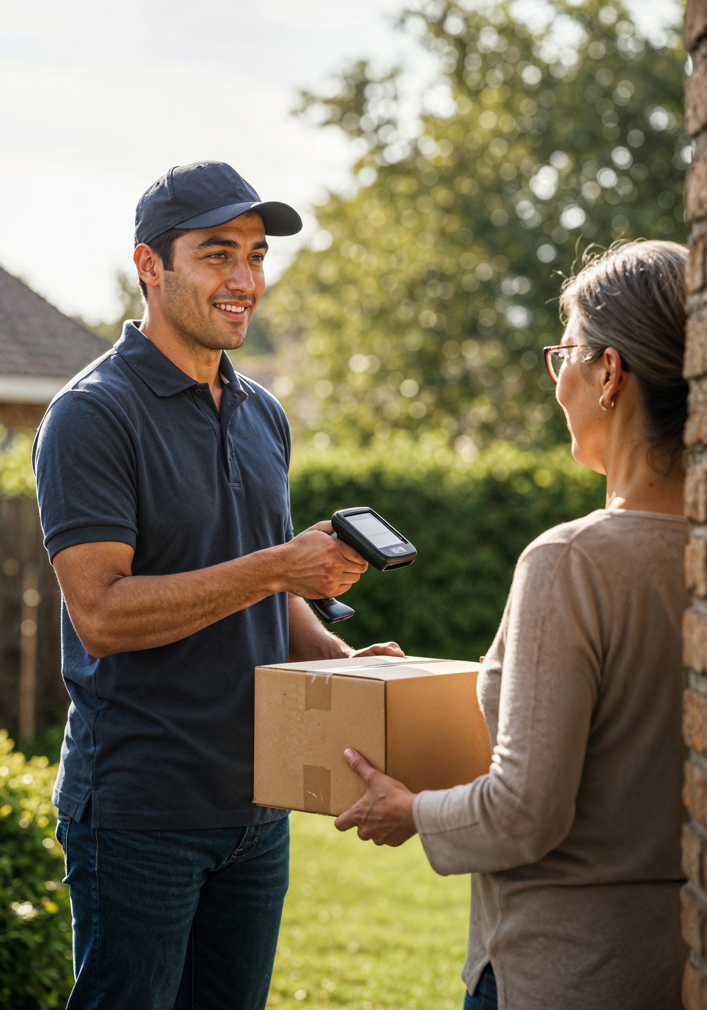 Un coursier scanne le colis qu’il remet à une cliente devant chez elle