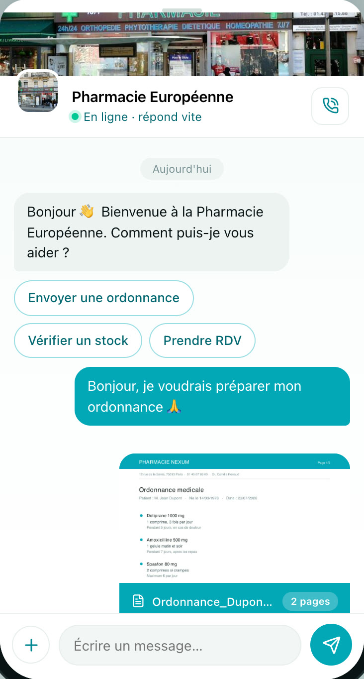Chat Nexum sur mobile : la Pharmacie Européenne en tête, message de bienvenue, réponses rapides (ordonnance, stock, rendez-vous), puis l’ordonnance envoyée en PDF.