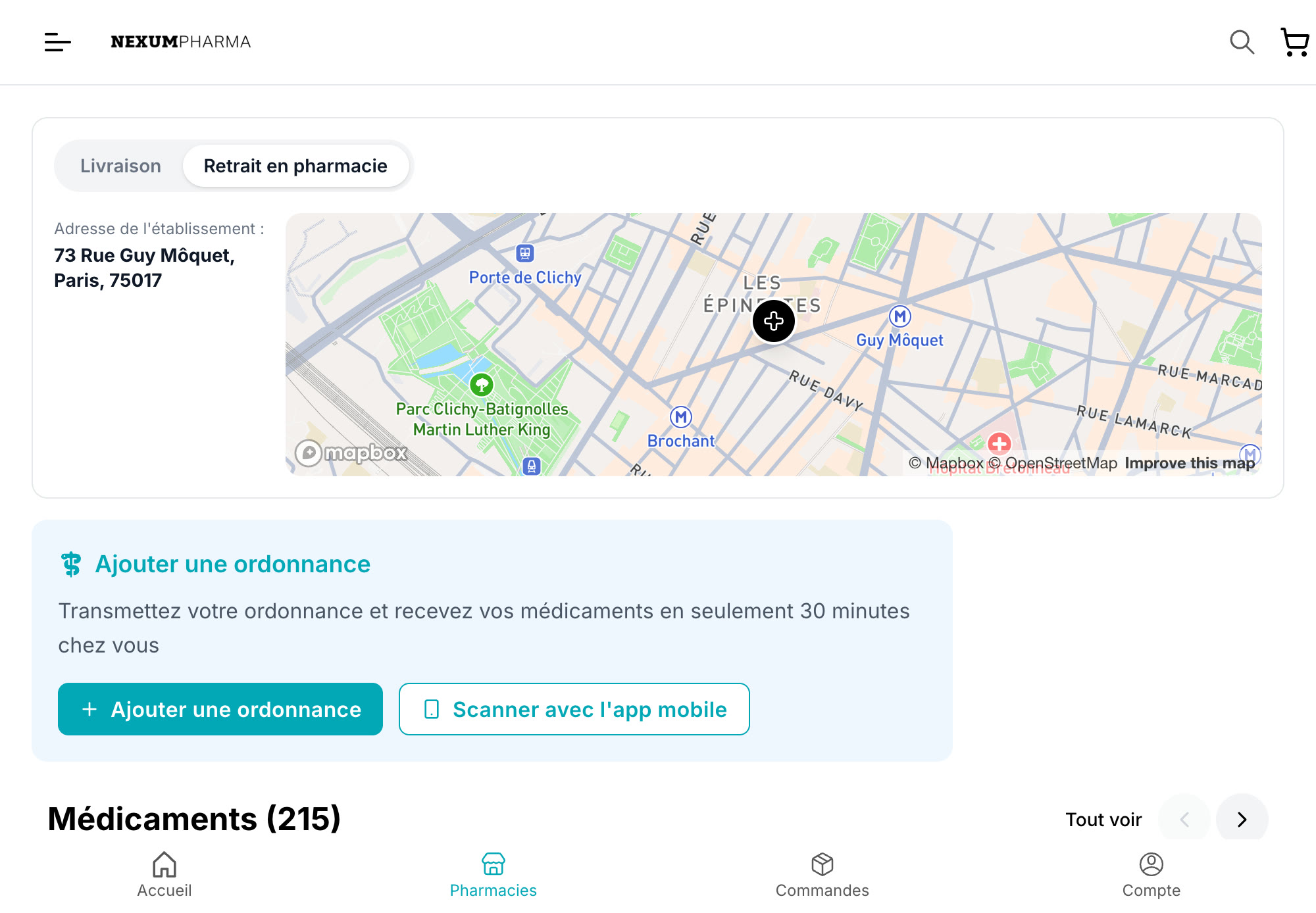 Page d’une officine sur nexumpharma.fr avec « Retrait en pharmacie » sélectionné : l’adresse de l’établissement et sa carte, puis le dépôt d’ordonnance (capture du 18 septembre 2026).