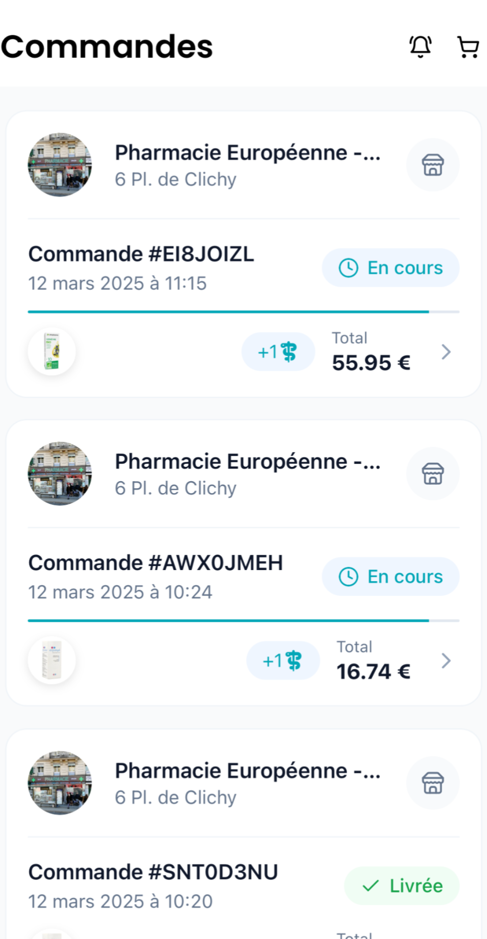 Écran « Commandes » de l’application : commandes en cours et livrées à la Pharmacie Européenne.