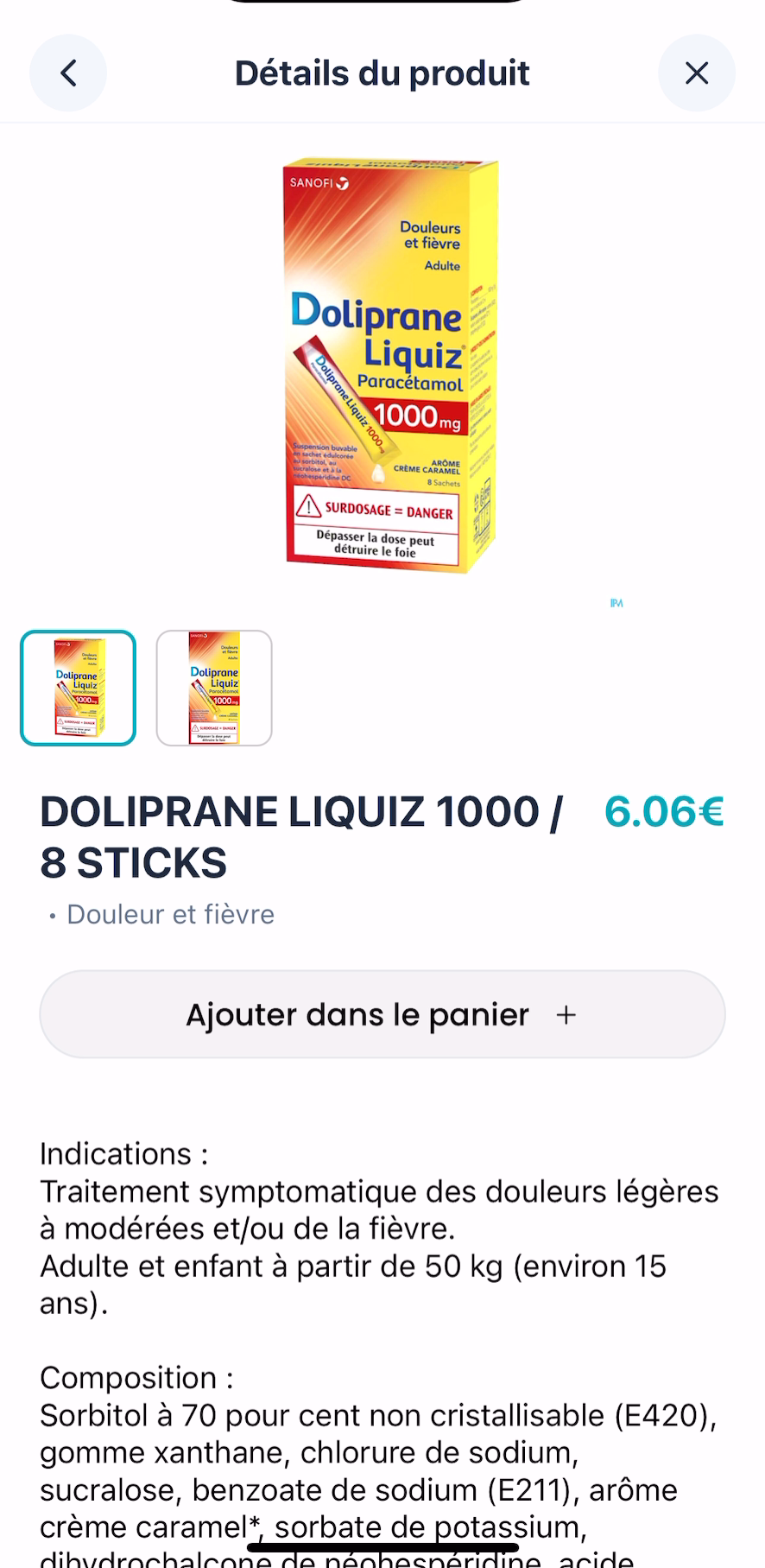 Écran « Détails du produit » de l’application : Doliprane Liquiz 1000, prix et bouton d’ajout au panier.