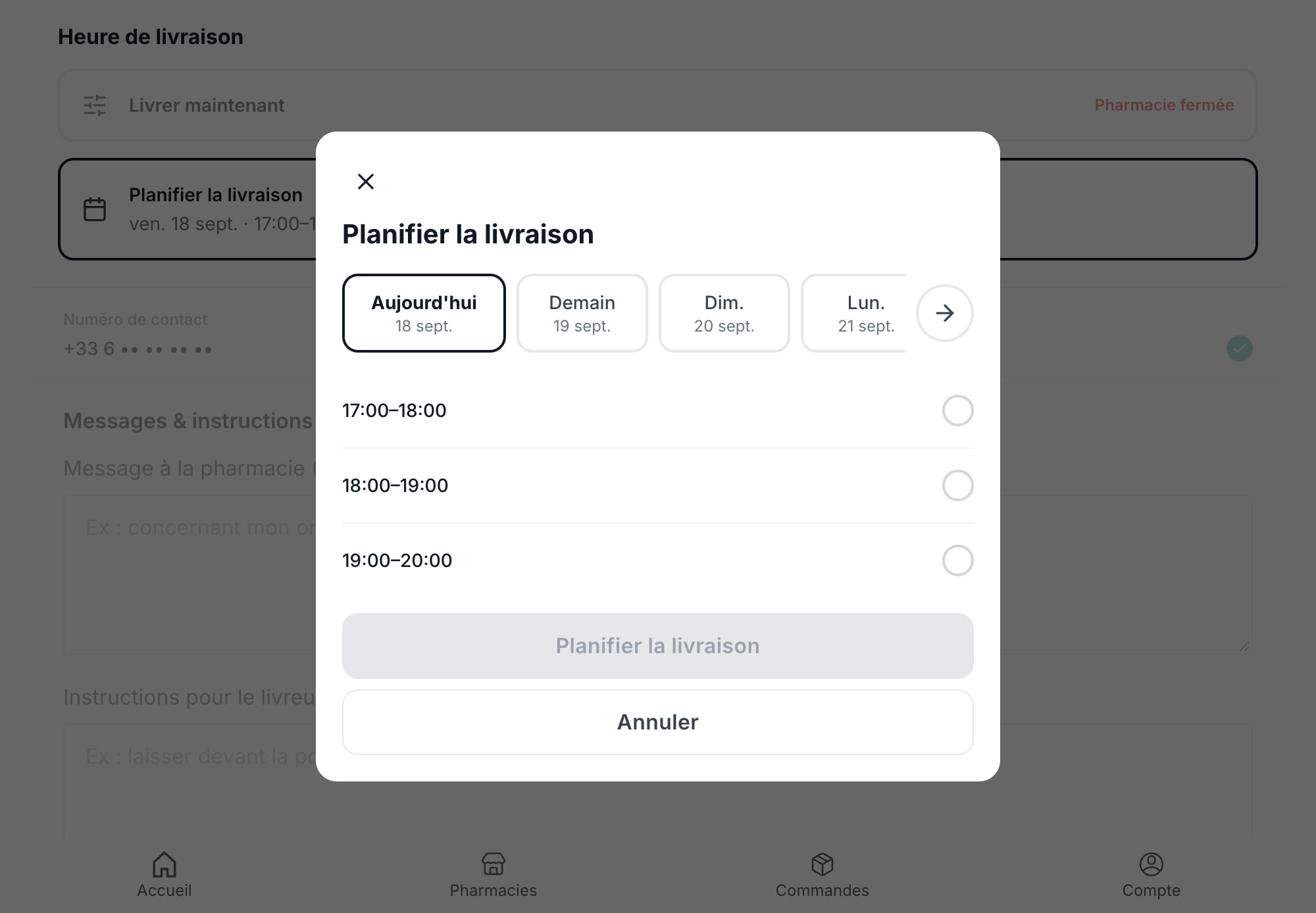Fenêtre « Planifier la livraison » du checkout nexumpharma.fr : les jours à venir et trois créneaux horaires au choix (capture du 18 septembre 2026).