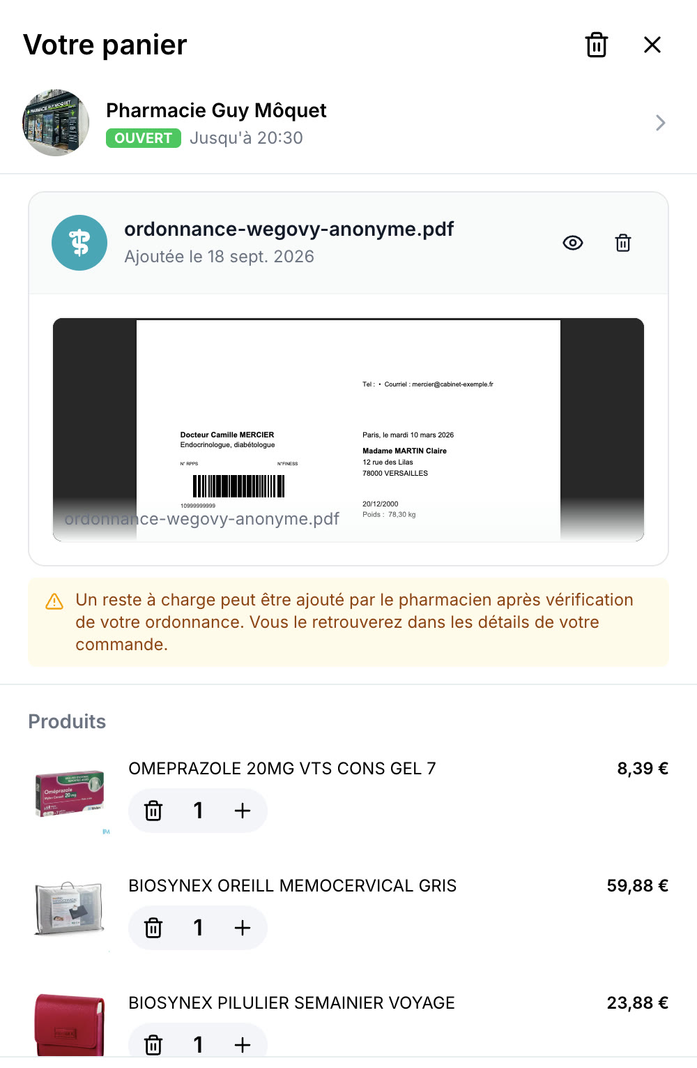 Panier nexumpharma.fr sur mobile : l’ordonnance déposée en PDF avec son aperçu, la date d’ajout et la mention du reste à charge après vérification par le pharmacien.