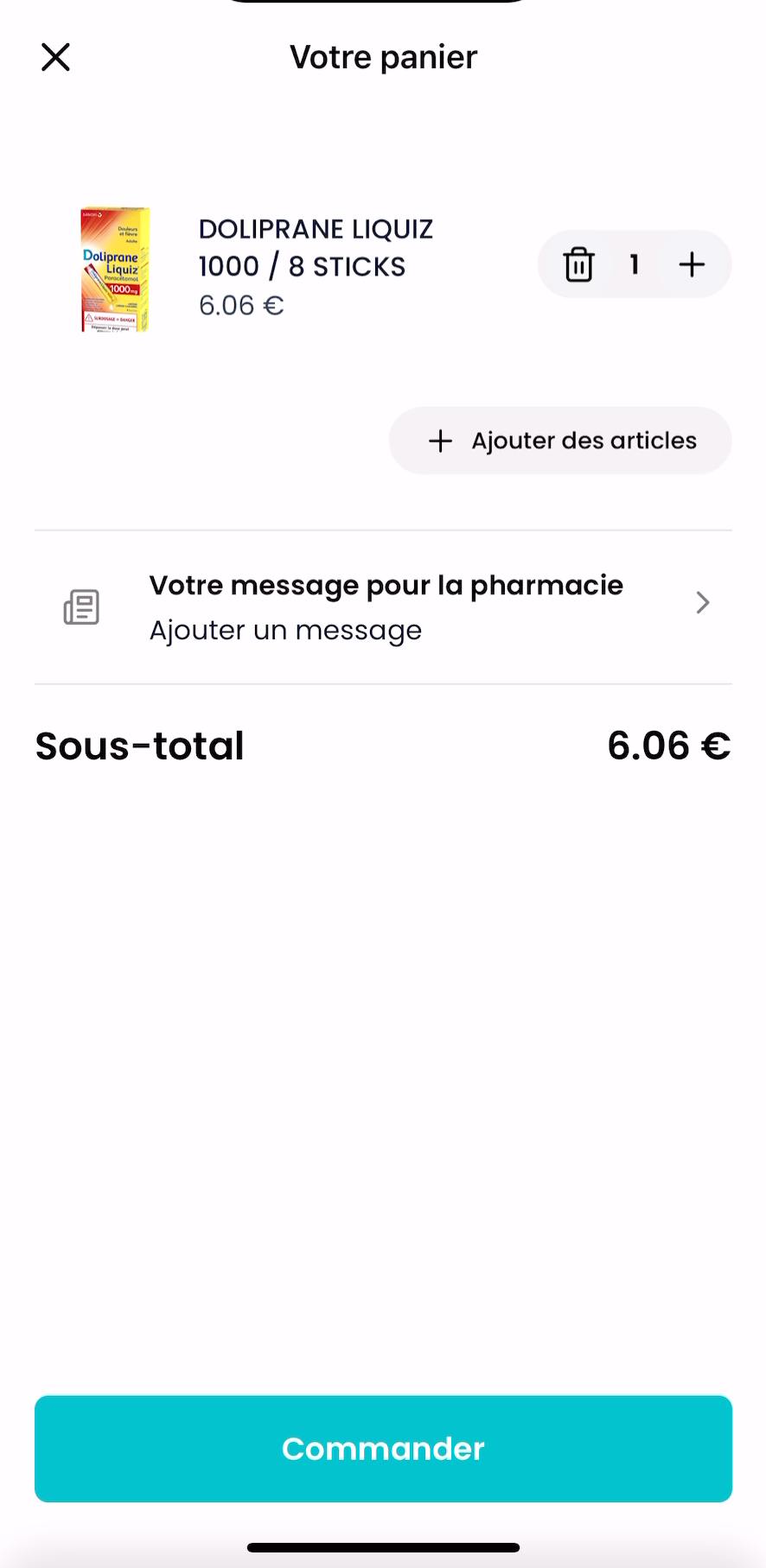 Panier de l’application Nexum Pharma avec un article et le sous-total