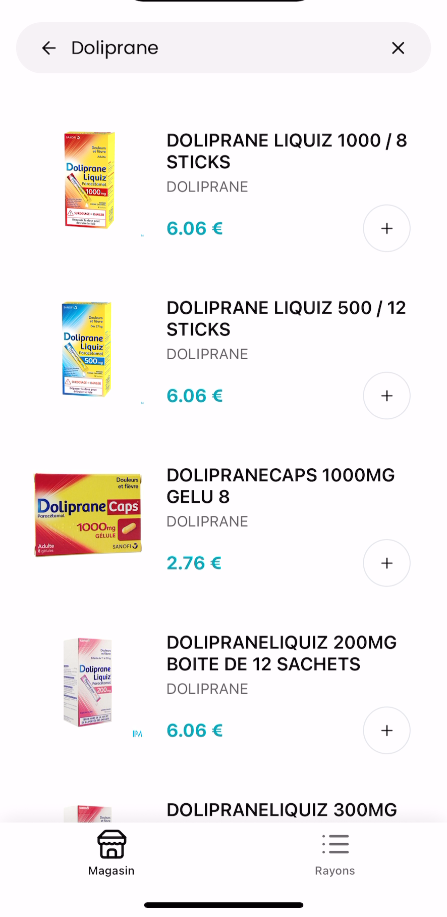 Résultats de recherche « Doliprane » dans l’application Nexum Pharma, avec les prix de l’officine