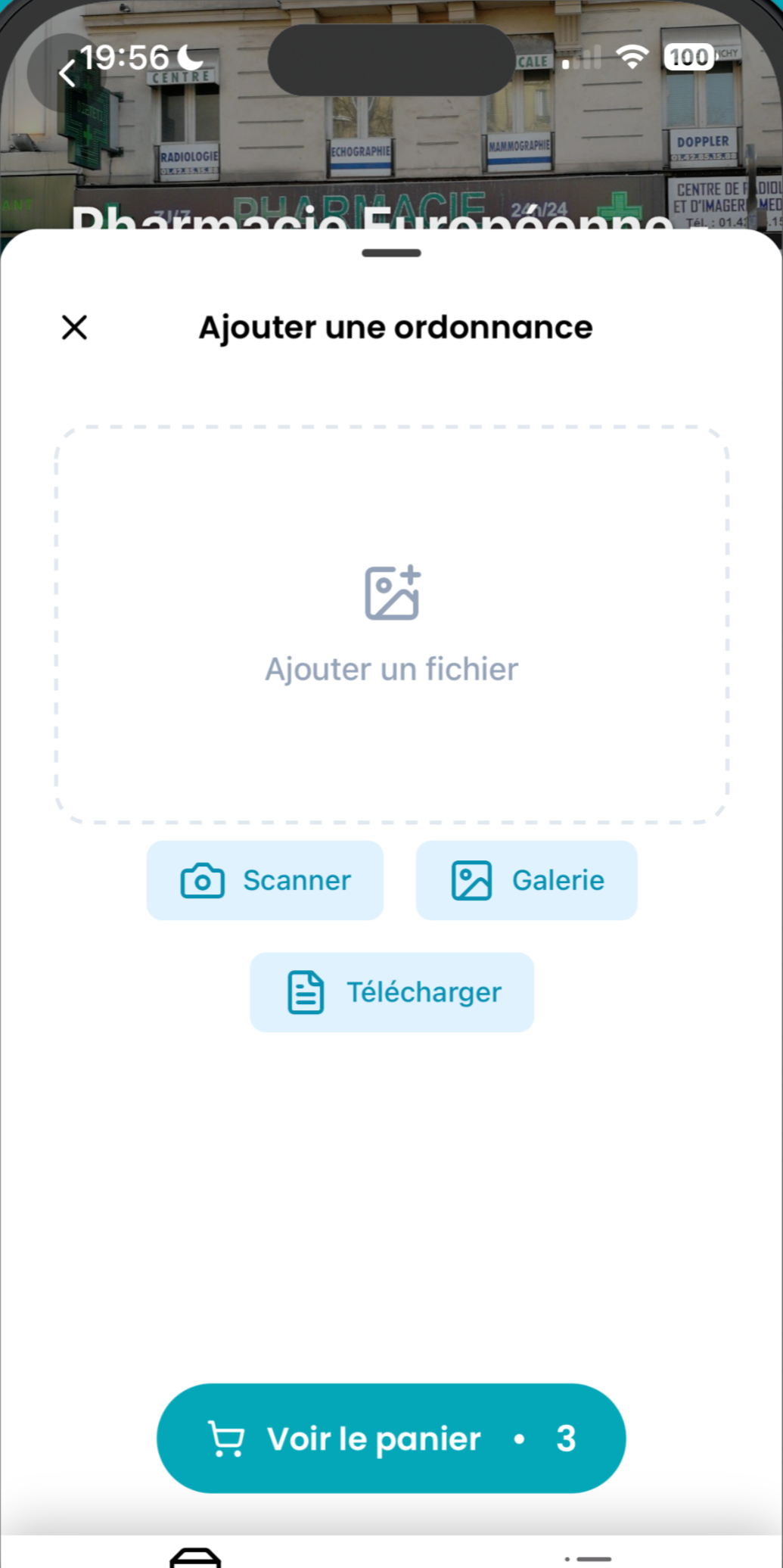 Écran « Ajouter une ordonnance » : scanner, galerie ou fichier