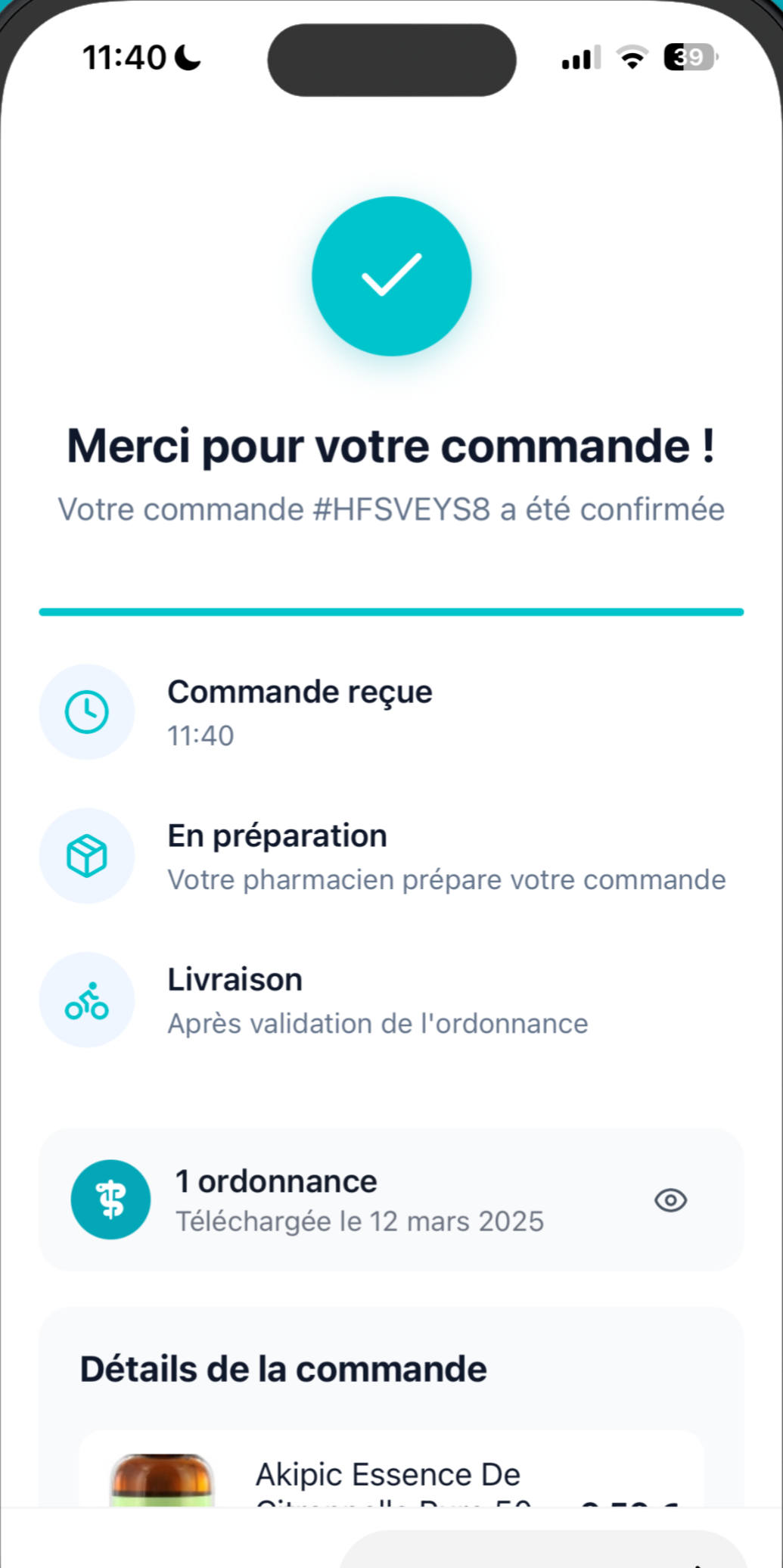 Écran « Merci pour votre commande » avec le suivi : commande reçue, en préparation, livraison
