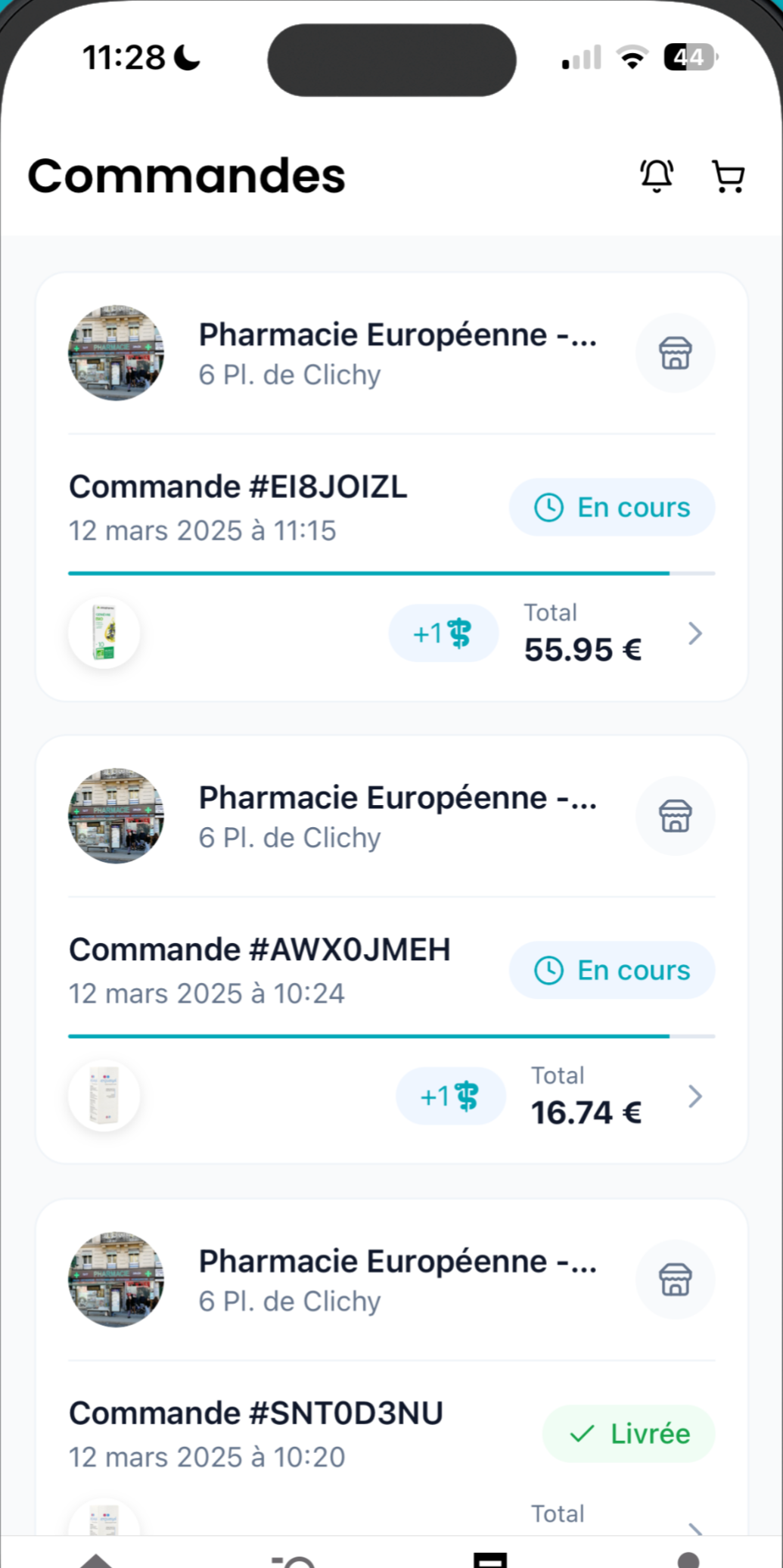 Liste des commandes d’un patient dans l’application, avec leur statut « En cours »