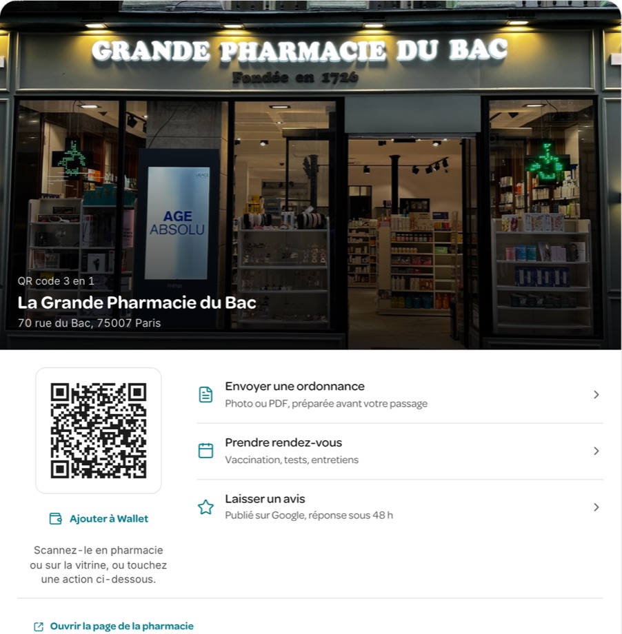 Fiche de la Grande Pharmacie du Bac dans l’application : vitrine, QR code 3 en 1, envoi d’ordonnance, prise de rendez-vous, avis
