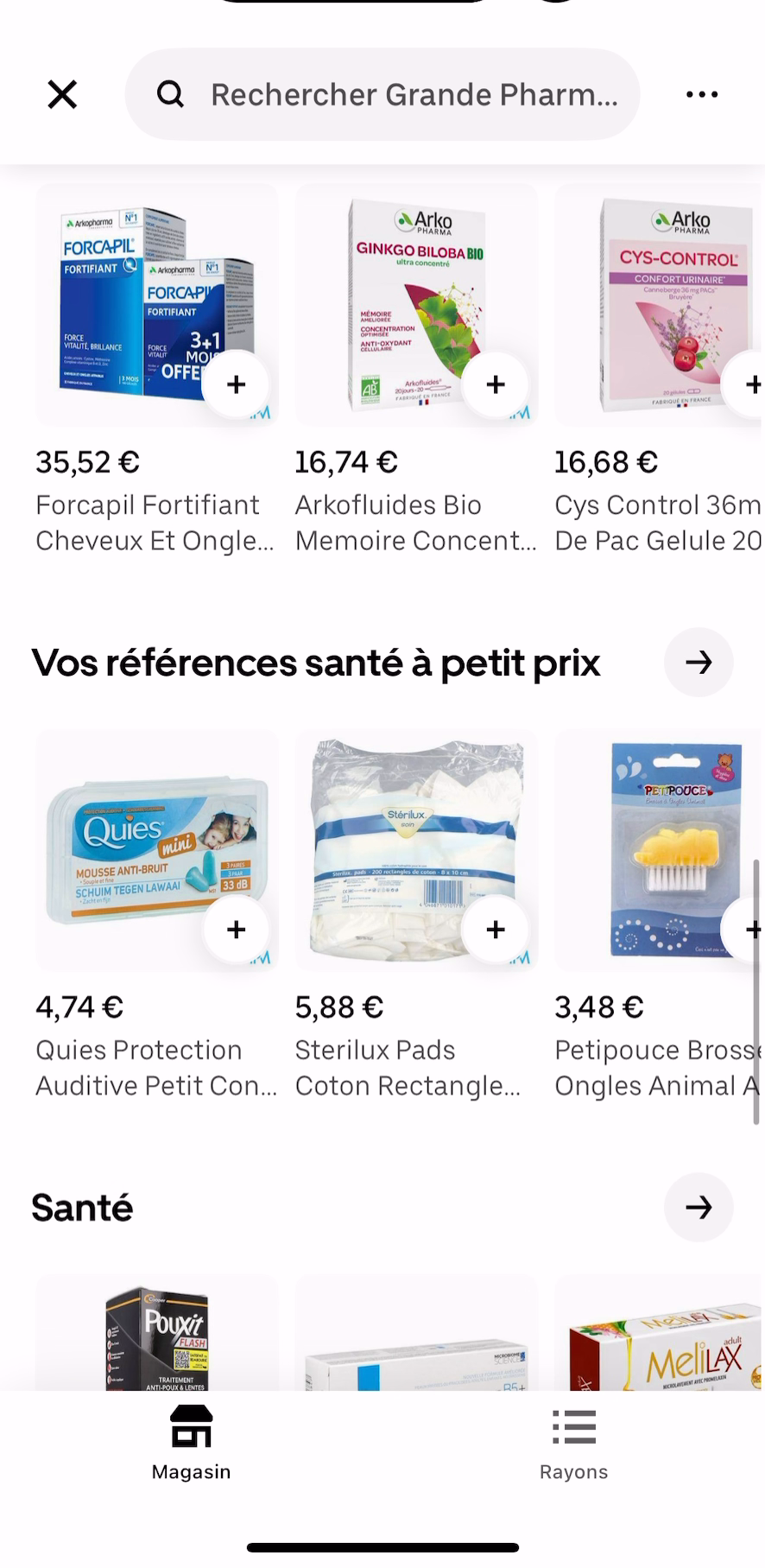 Rayons de la même officine dans Uber Eats : références santé à petit prix, Santé