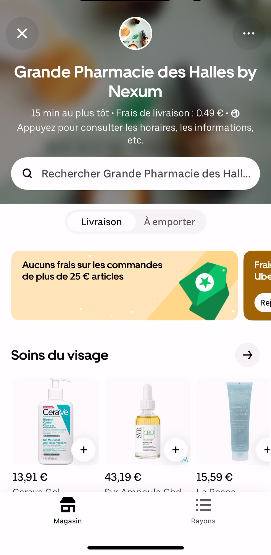 Vitrine d’une officine Nexum dans Uber Eats : « Grande Pharmacie des Halles by Nexum », livraison ou à emporter, rayon Soins du visage