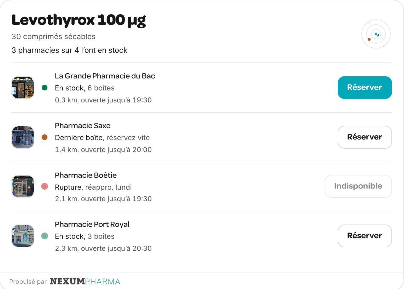 Écran de l’agent : disponibilité du Levothyrox 100 µg dans quatre officines, avec un bouton Réserver