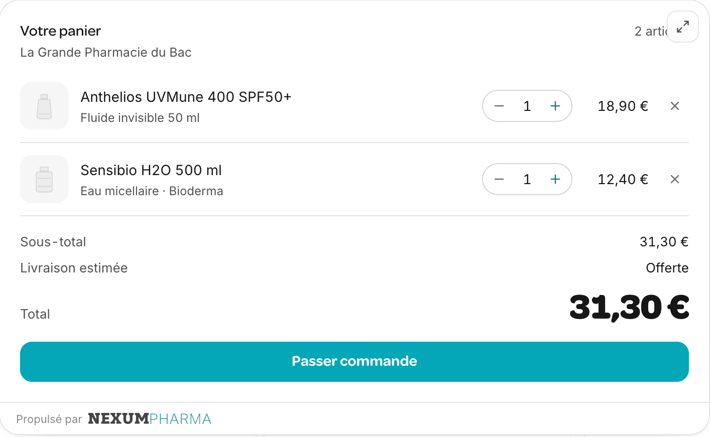 Écran de l’agent : panier de deux articles à La Grande Pharmacie du Bac, total 31,30 €