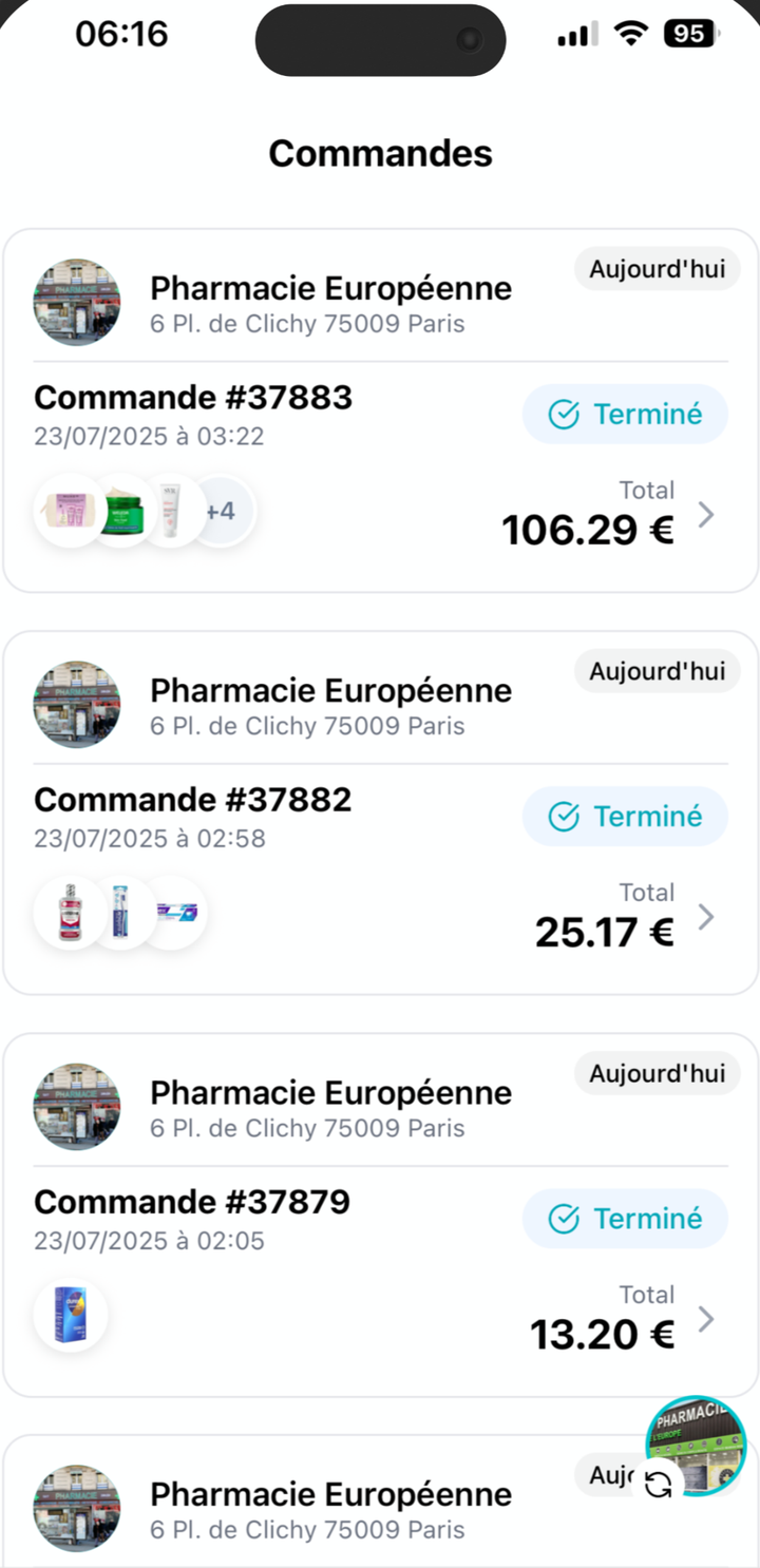 Écran Commandes de l'application Nexum Pro