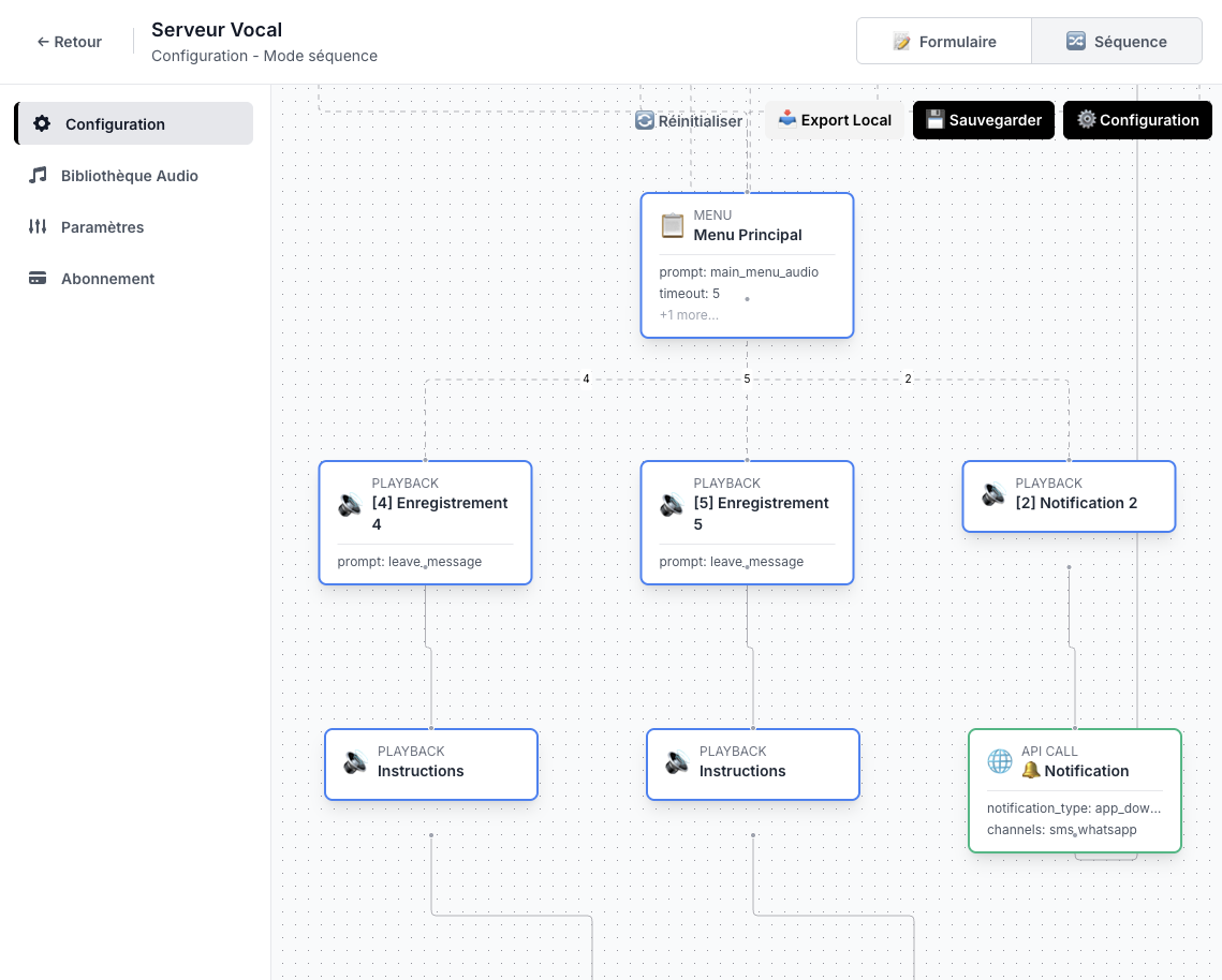 Capture de Nexum Pro : le parcours vocal de l’officine en mode séquence, avec le menu principal et ses options