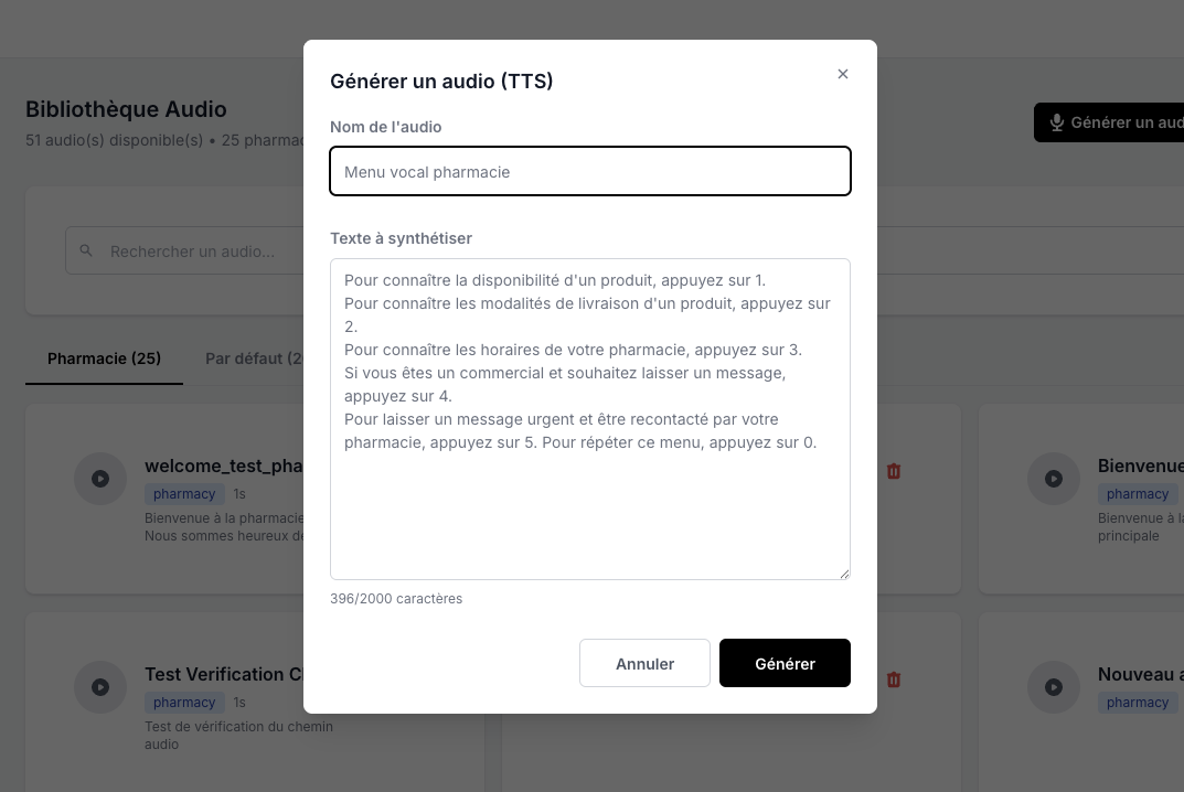 Capture de Nexum Pro : génération d’un audio à partir d’un texte, ici le menu vocal de l’officine