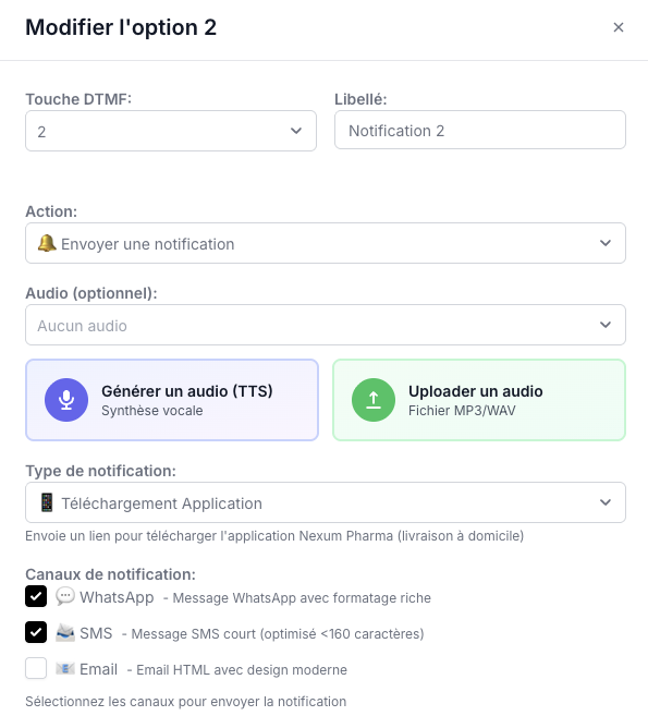 Capture de Nexum Pro : modification d’une option du menu — touche, libellé, action, audio généré ou importé, canaux de notification