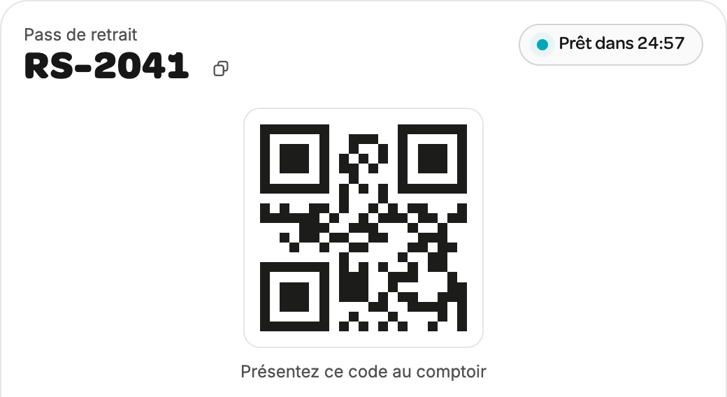 Pass de retrait RS-2041 : QR code à présenter au comptoir.