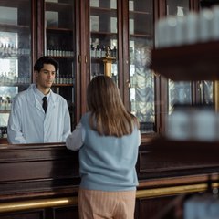 Un pharmacien et une cliente au comptoir