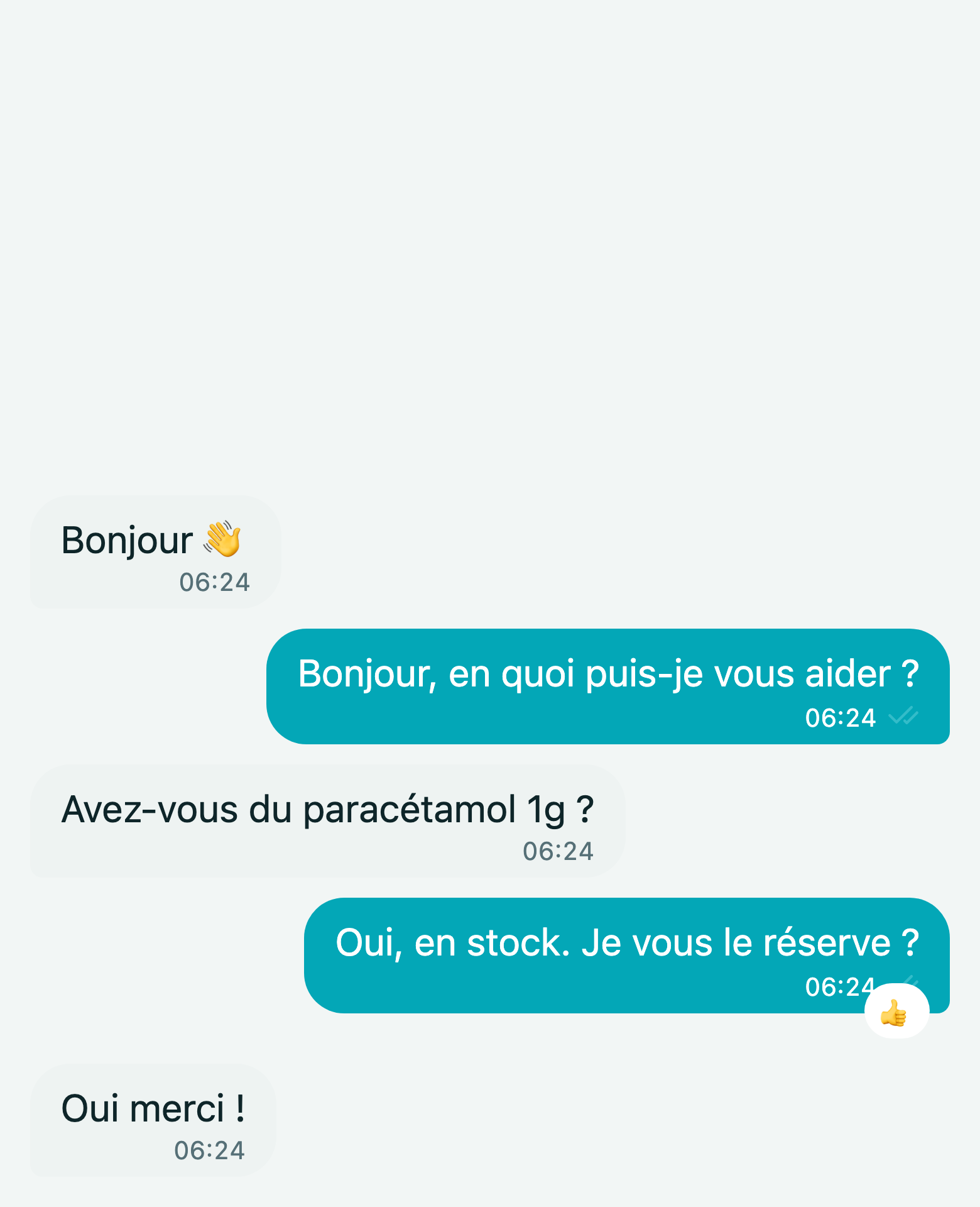 Fil de messagerie : « Avez-vous du paracétamol 1 g ? » — « Oui, en stock. Je vous le réserve ? » — « Oui merci ! ».