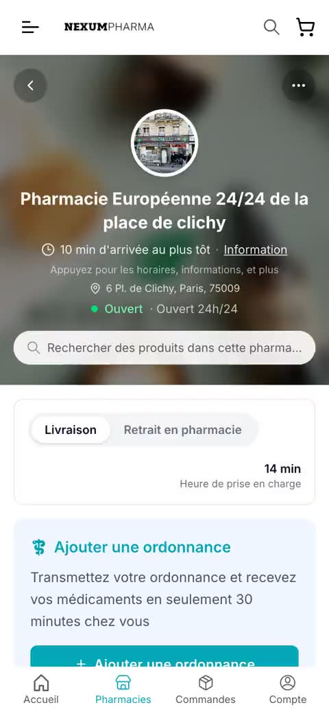 nexumpharma.fr sur mobile : le catalogue d'une officine qui défile, puis le rayon Médicaments — enregistrement en boucle