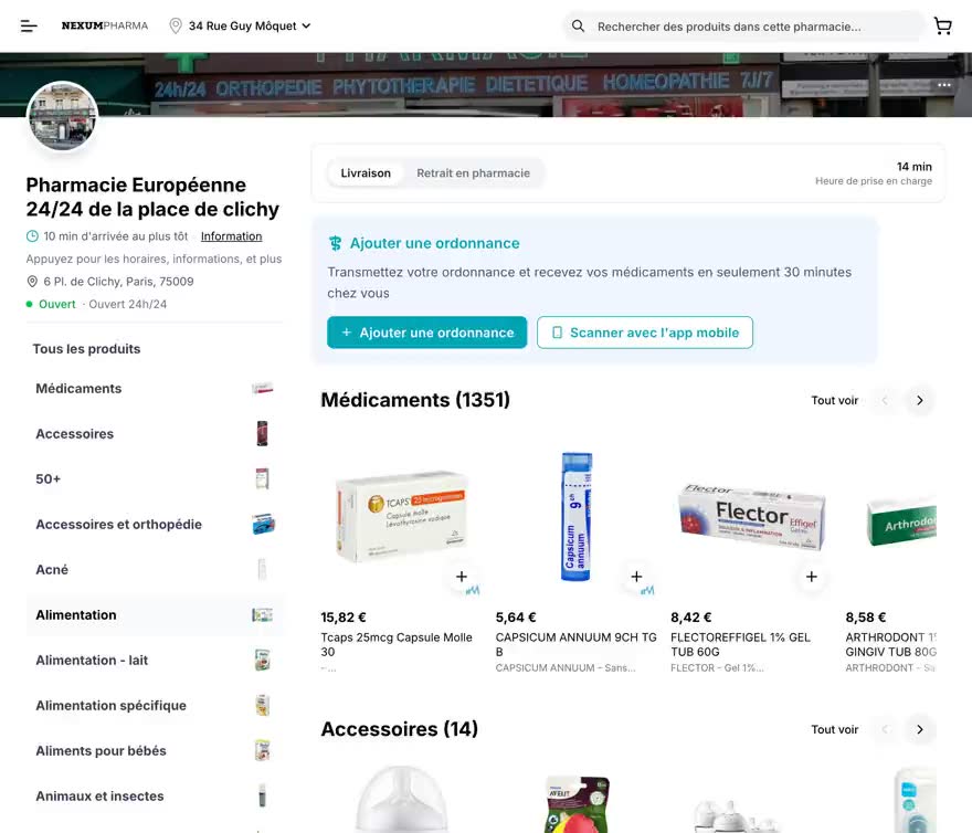 nexumpharma.fr : le catalogue d'une officine qui défile, header fixe, puis le rayon Médicaments — enregistrement en boucle