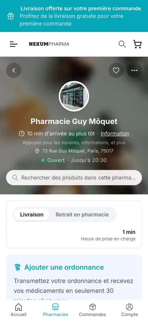 nexumpharma.fr sur mobile : deux produits ajoutés au panier, le panier, puis la page de commande avec la livraison, l'adresse et le récapitulatif — enregistrement en boucle