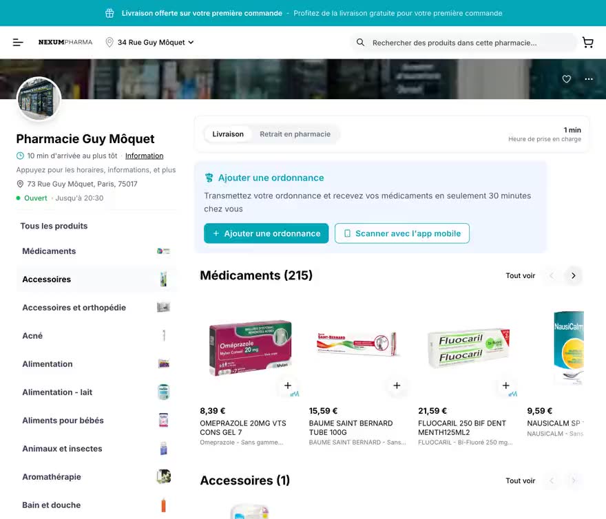 nexumpharma.fr : deux produits ajoutés au panier, le panier, puis la page de commande avec livraison ou retrait, adresse, heure et récapitulatif — enregistrement en boucle