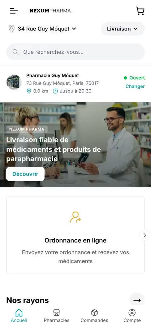 nexumpharma.fr sur mobile : le fil après saisie d'une adresse, défilement des rayons et des officines proches, puis la page d'une officine et ses informations — enregistrement en boucle