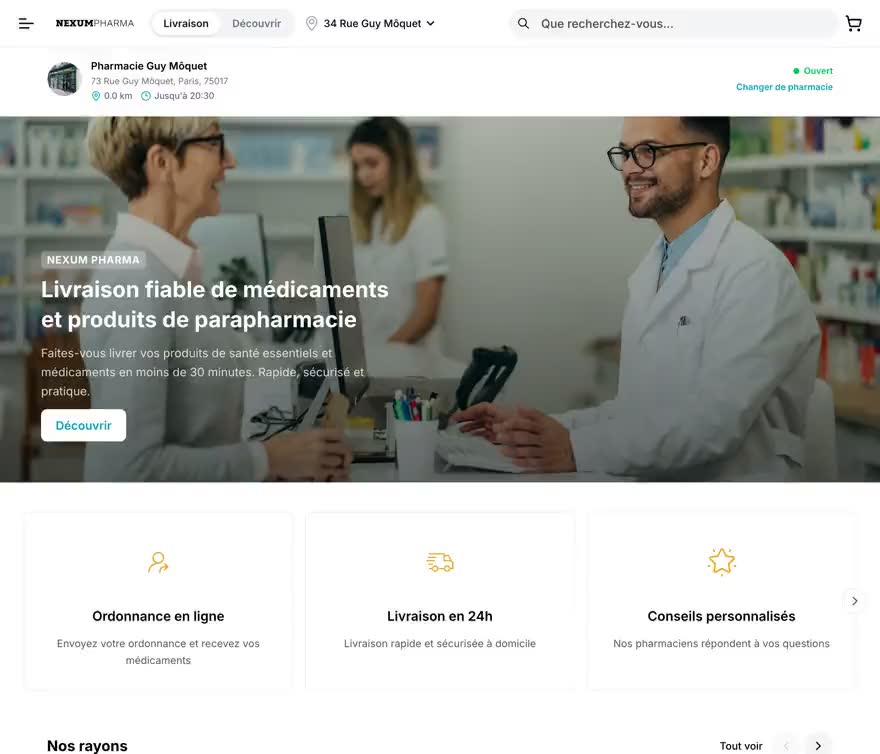 nexumpharma.fr : le fil après saisie d'une adresse, défilement, puis la page d'une officine et sa fiche d'informations (adresse, horaires, contact) — enregistrement en boucle